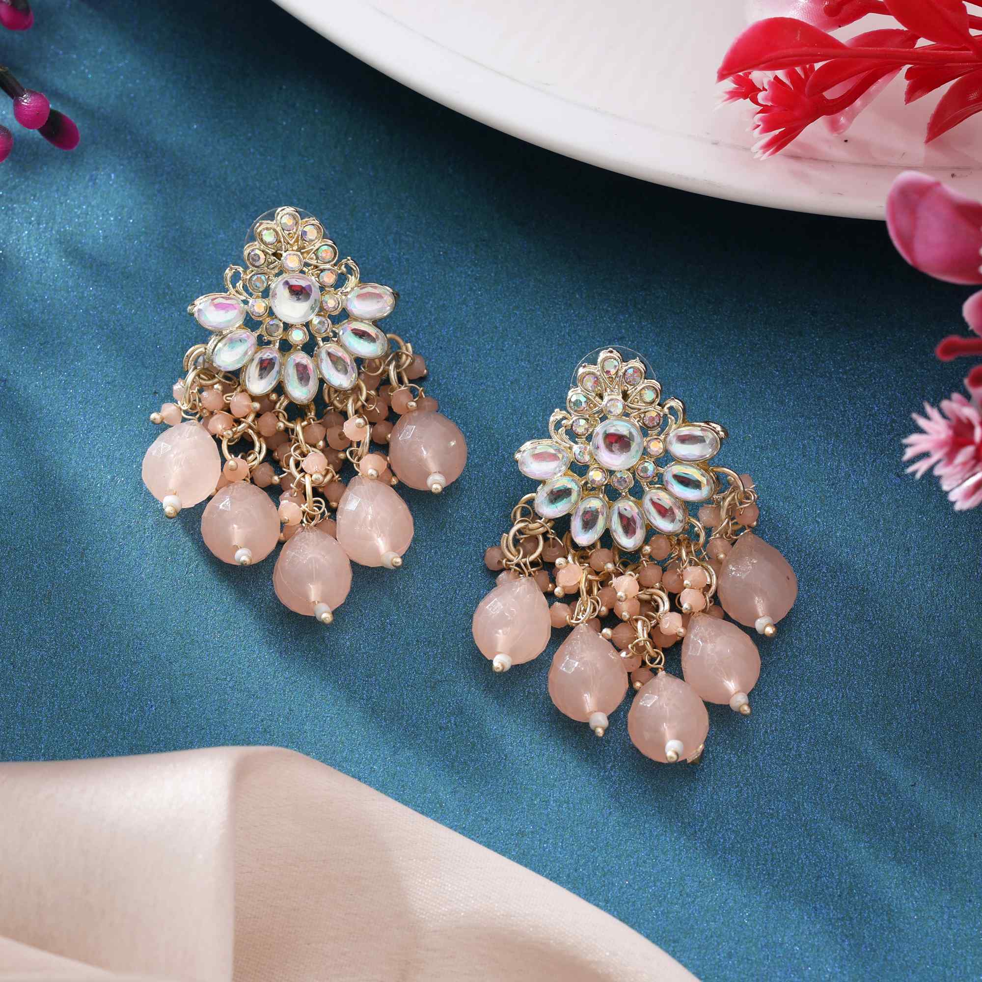 Peach Color Kundan Earrings With Artistic Craftsmanship For Ethnic Looks