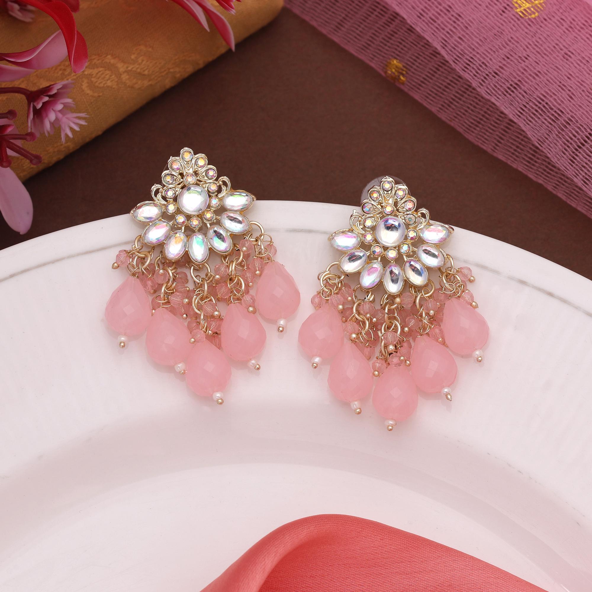 Pink Color Kundan Earrings With Golden Base And Traditional Craft Style
