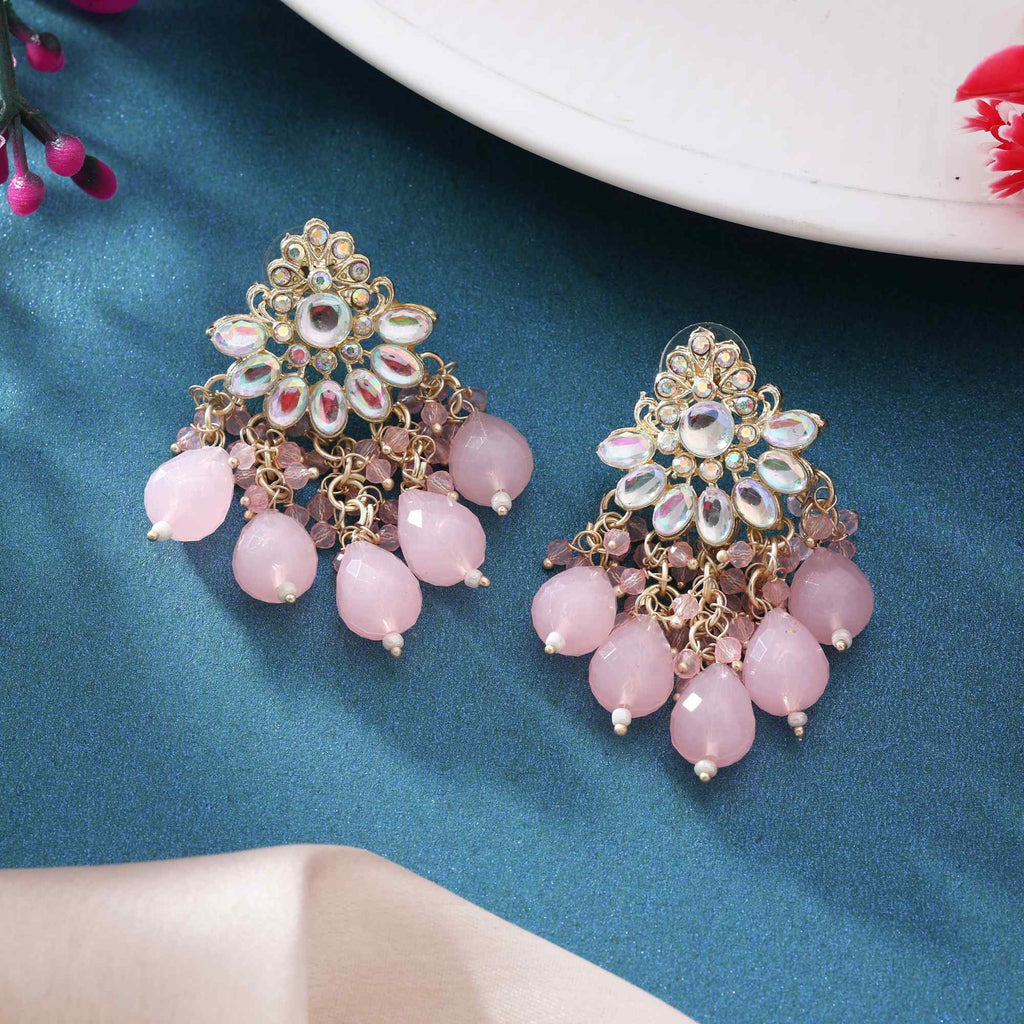 Pink Color Kundan Earrings With Golden Base And Traditional Craft Style