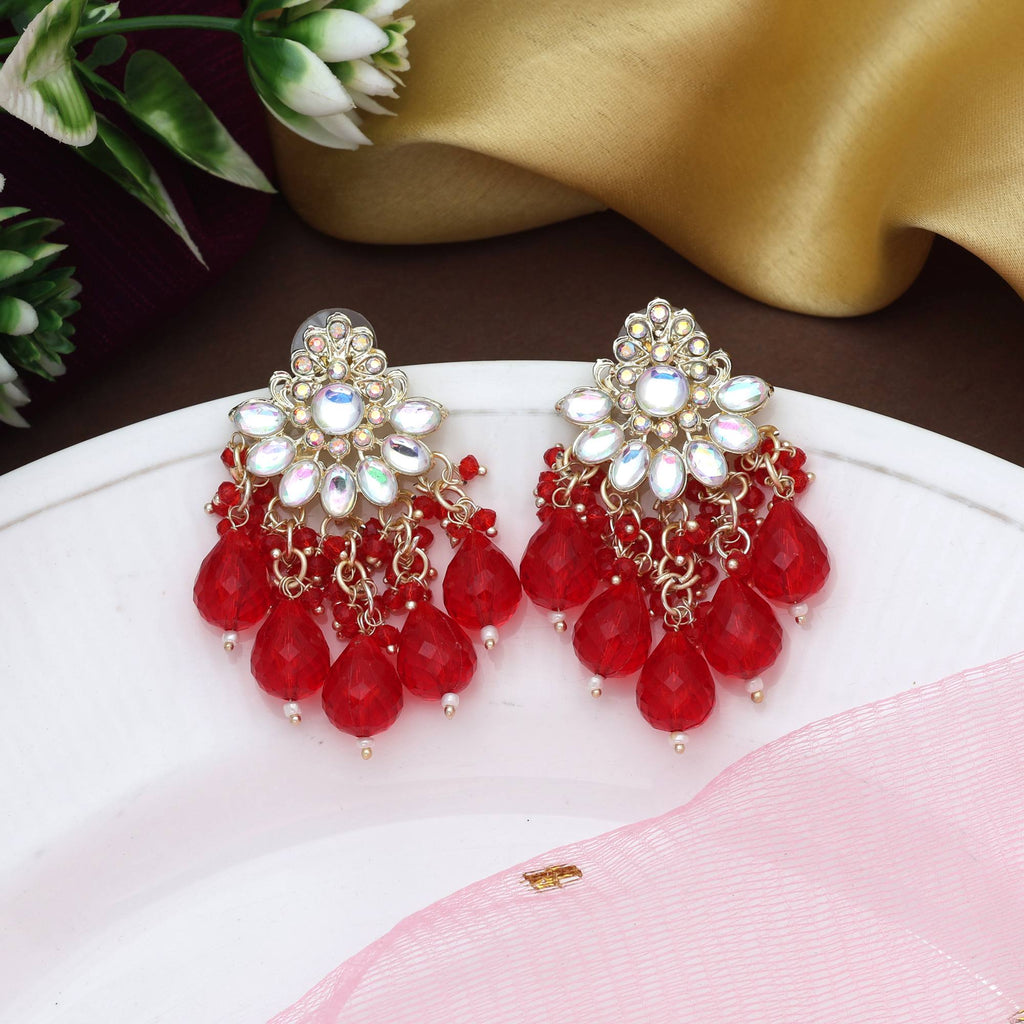 Red Color Kundan Earrings With Traditional Polki Style And Pearl Detailing