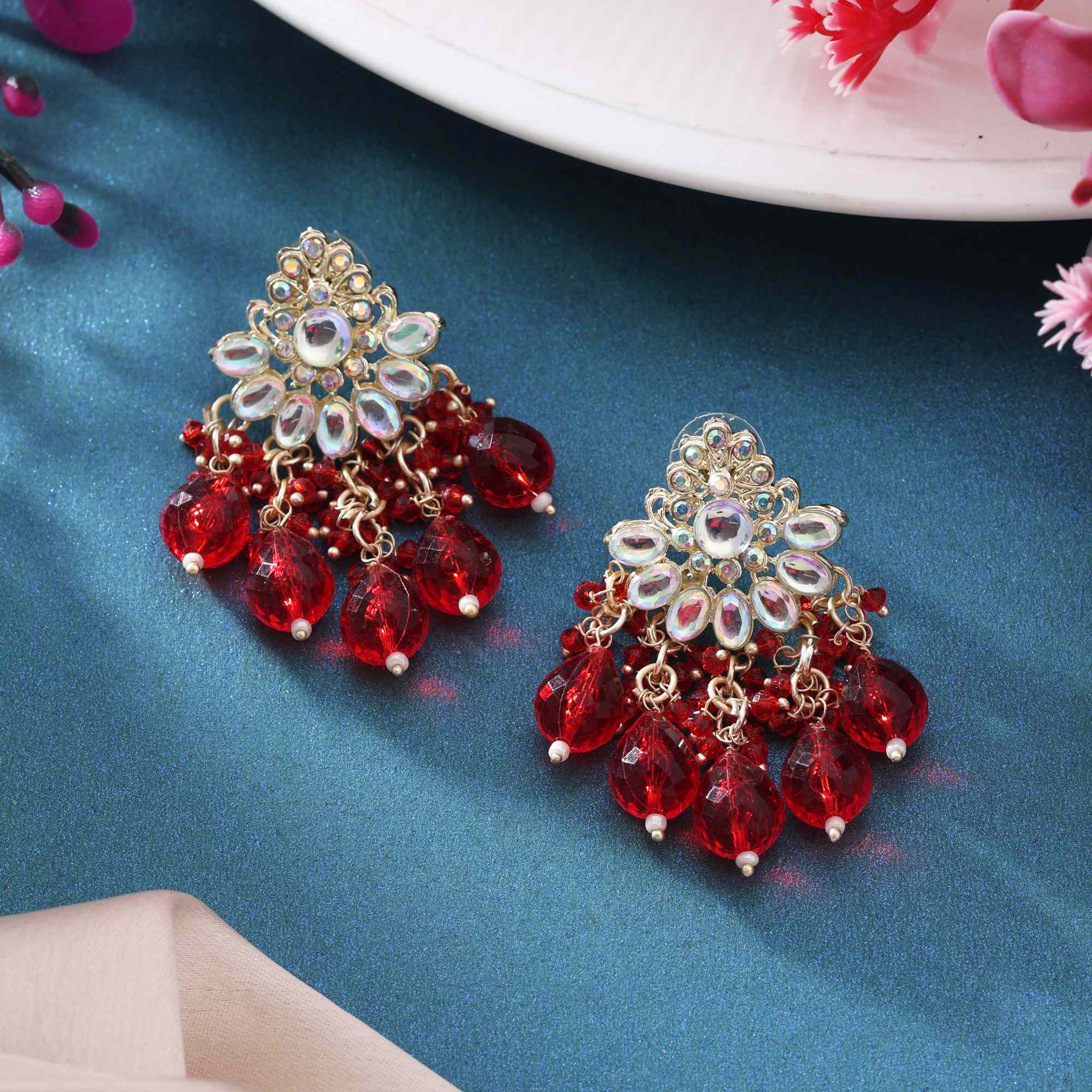 Red Color Kundan Earrings With Traditional Polki Style And Pearl Detailing
