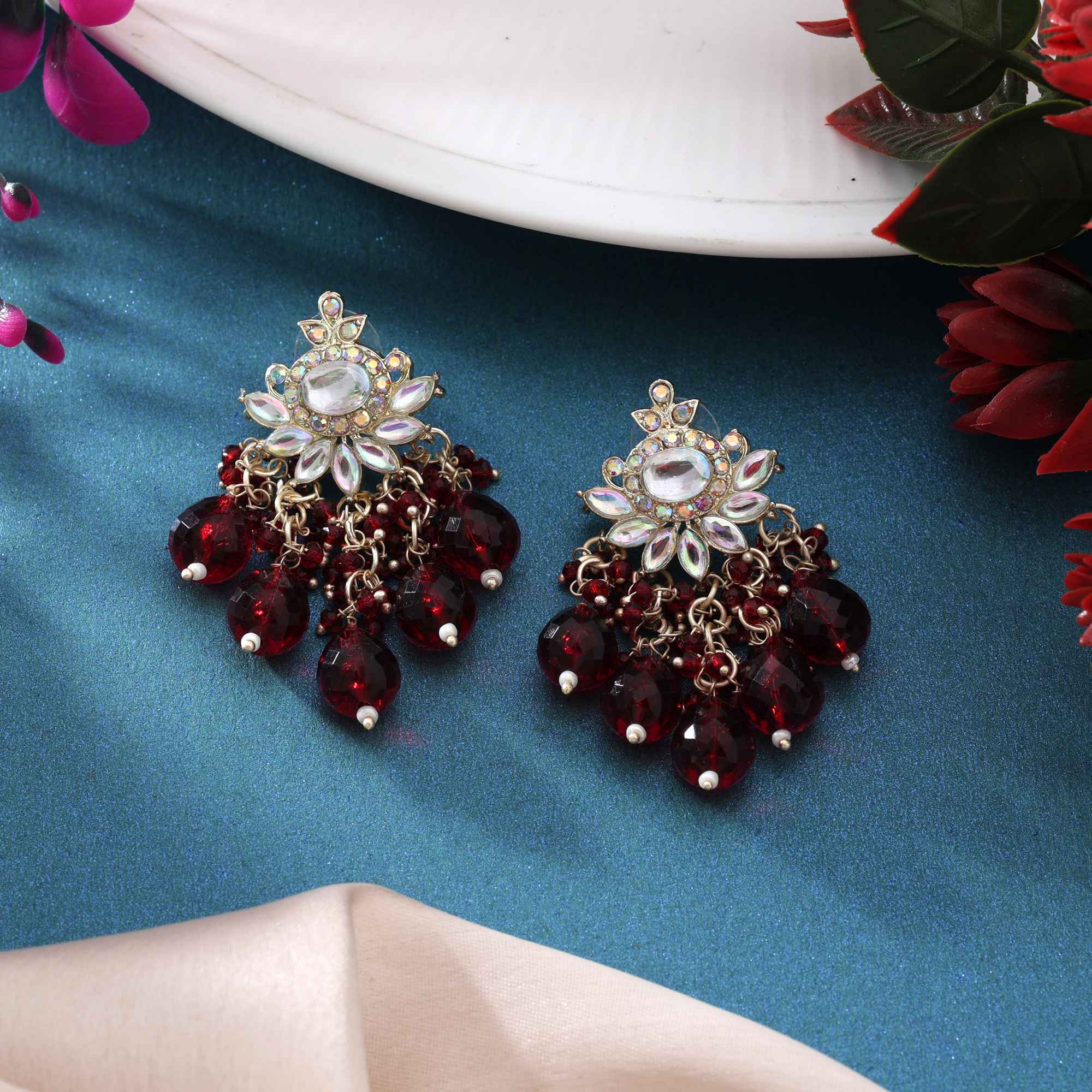 Maroon Color Kundan Earrings With Antique Finish For Festive Look