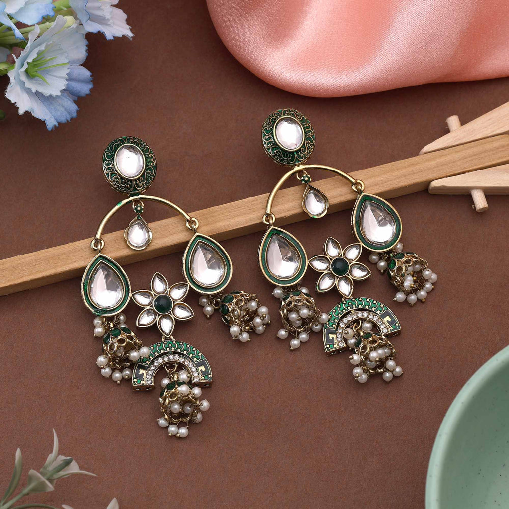 Green Color Kundan Earrings Featuring Classic Traditional Handmade Kundan Detailing For Women