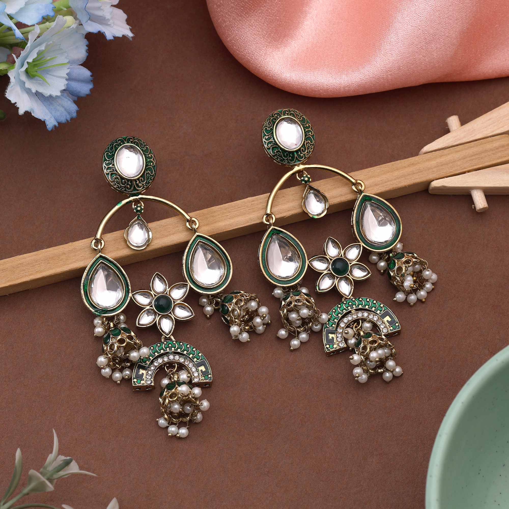Green Color Kundan Earrings Featuring Classic Traditional Handmade Kundan Detailing For Women