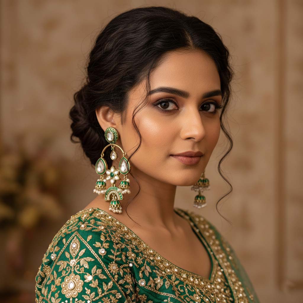 Green Color Kundan Earrings Featuring Classic Traditional Handmade Kundan Detailing For Women