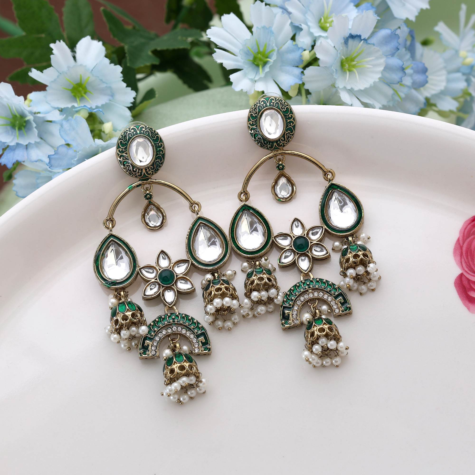 Green Color Kundan Earrings Featuring Classic Traditional Handmade Kundan Detailing For Women