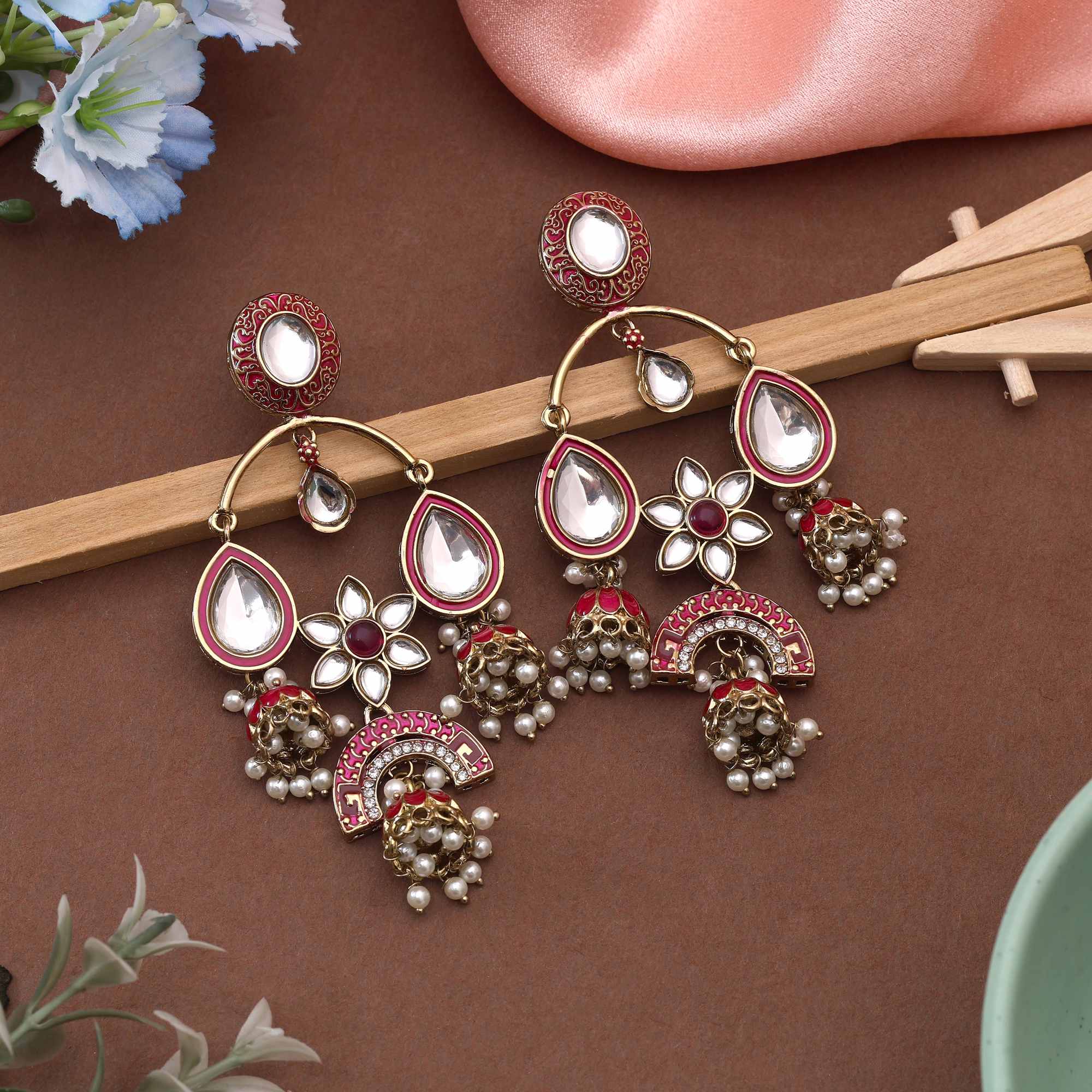 Maroon Color Kundan Earrings Crafted With Rich Ethnic Shine Perfect For Festive Outfits