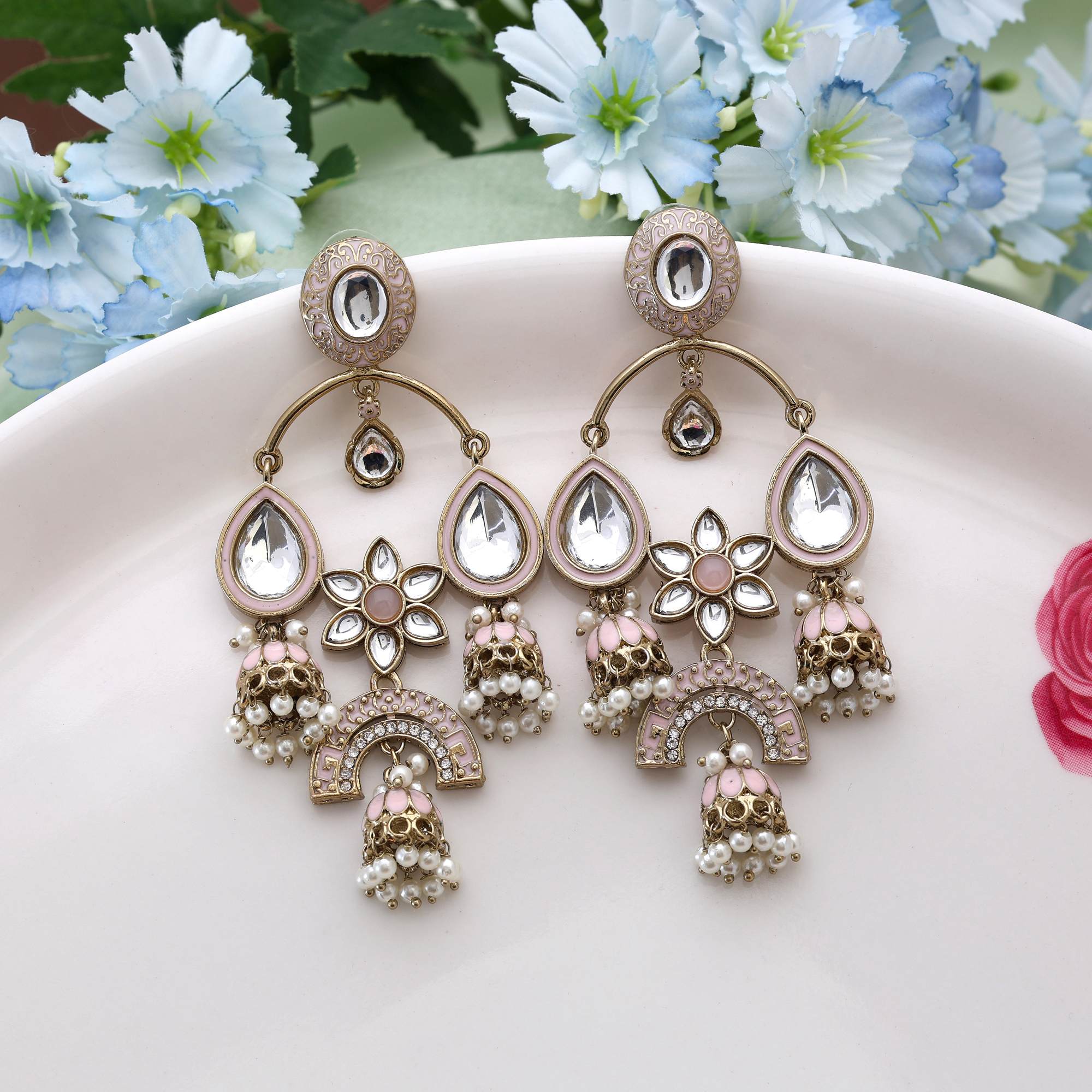 Pink Color Kundan Earrings Designed With Beautiful Traditional Detailing For Stylish Ethnic Wear