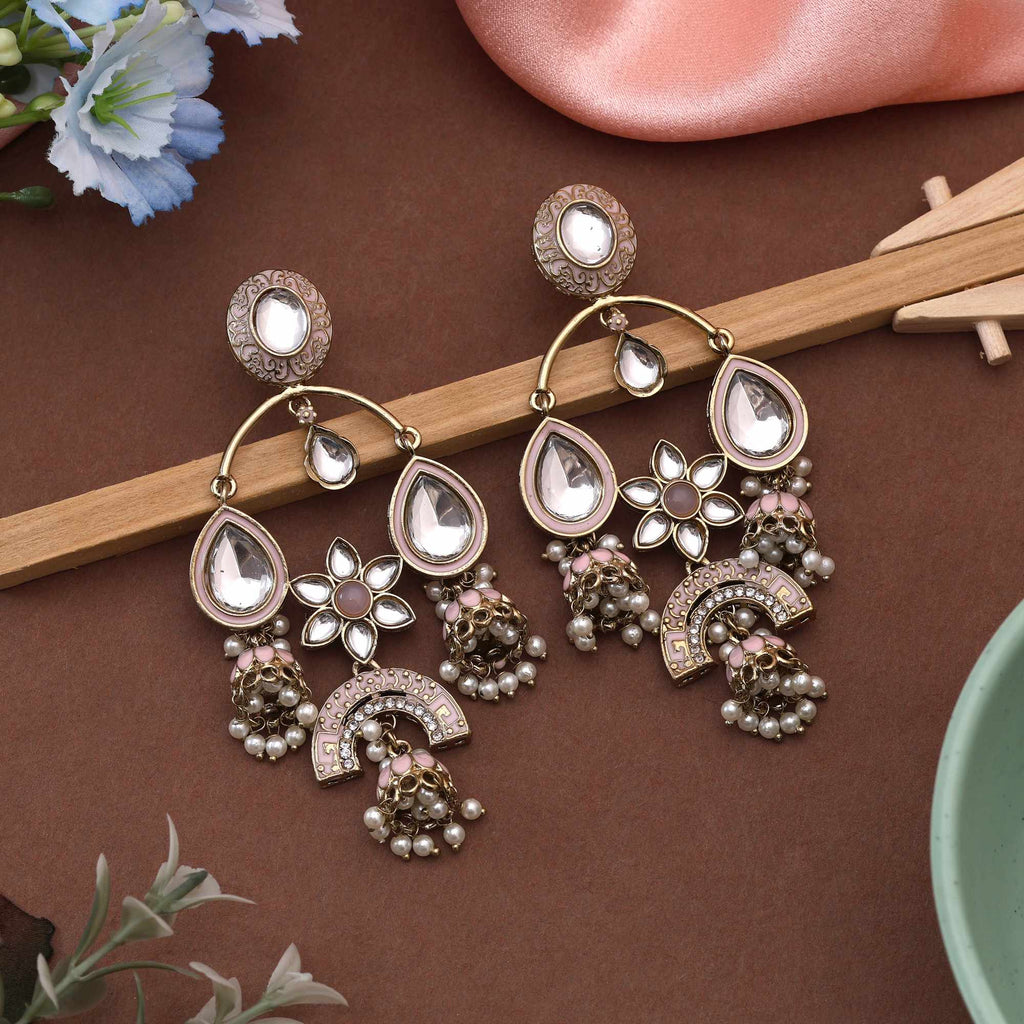 Pink Color Kundan Earrings Designed With Beautiful Traditional Detailing For Stylish Ethnic Wear