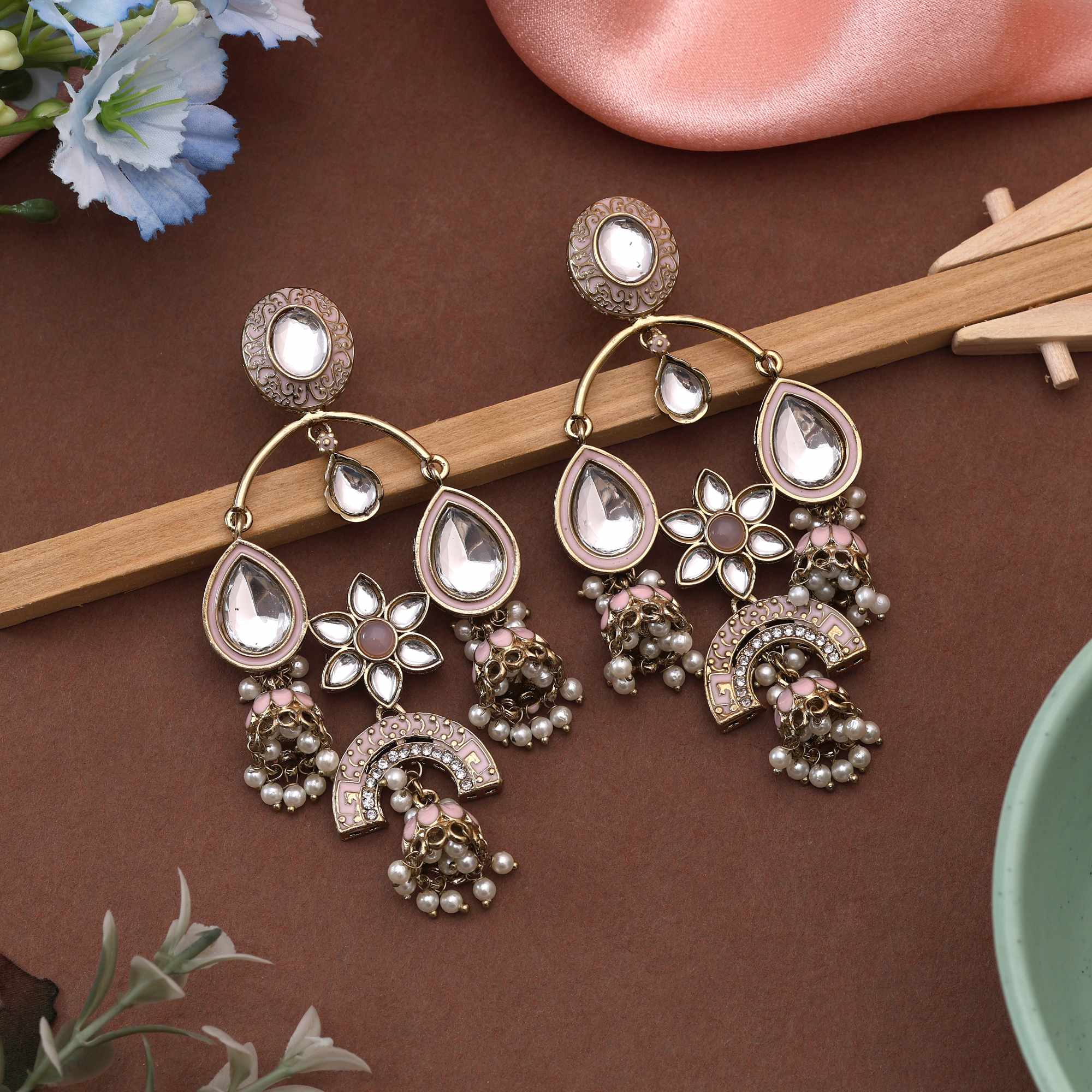 Pink Color Kundan Earrings Designed With Beautiful Traditional Detailing For Stylish Ethnic Wear