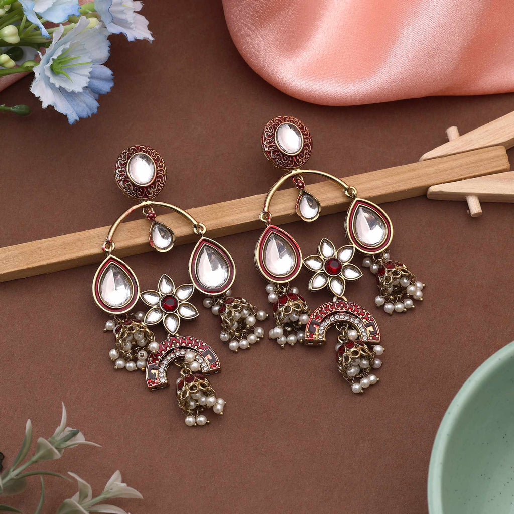 Rani Color Kundan Earrings Designed With Elegant Ethnic Craftwork For Wedding Wear Looks
