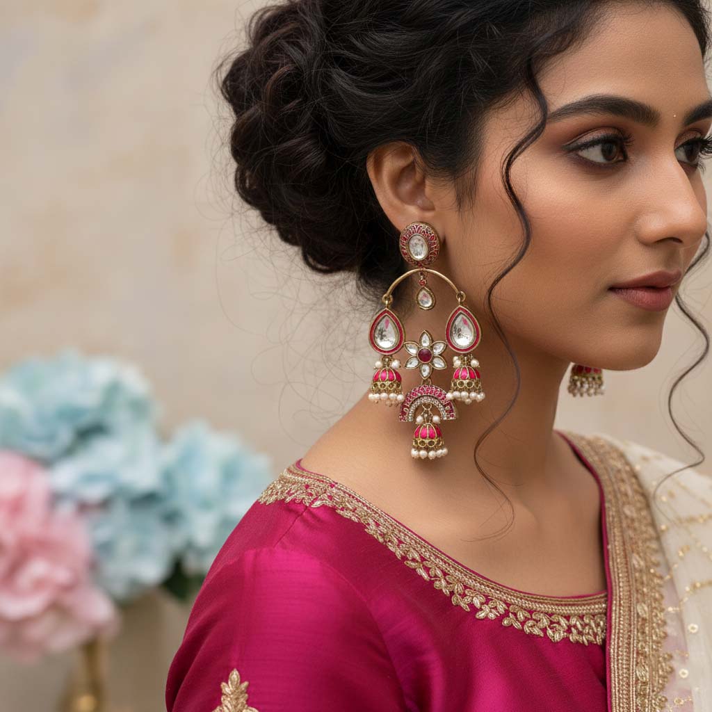 Rani Color Kundan Earrings Designed With Elegant Ethnic Craftwork For Wedding Wear Looks