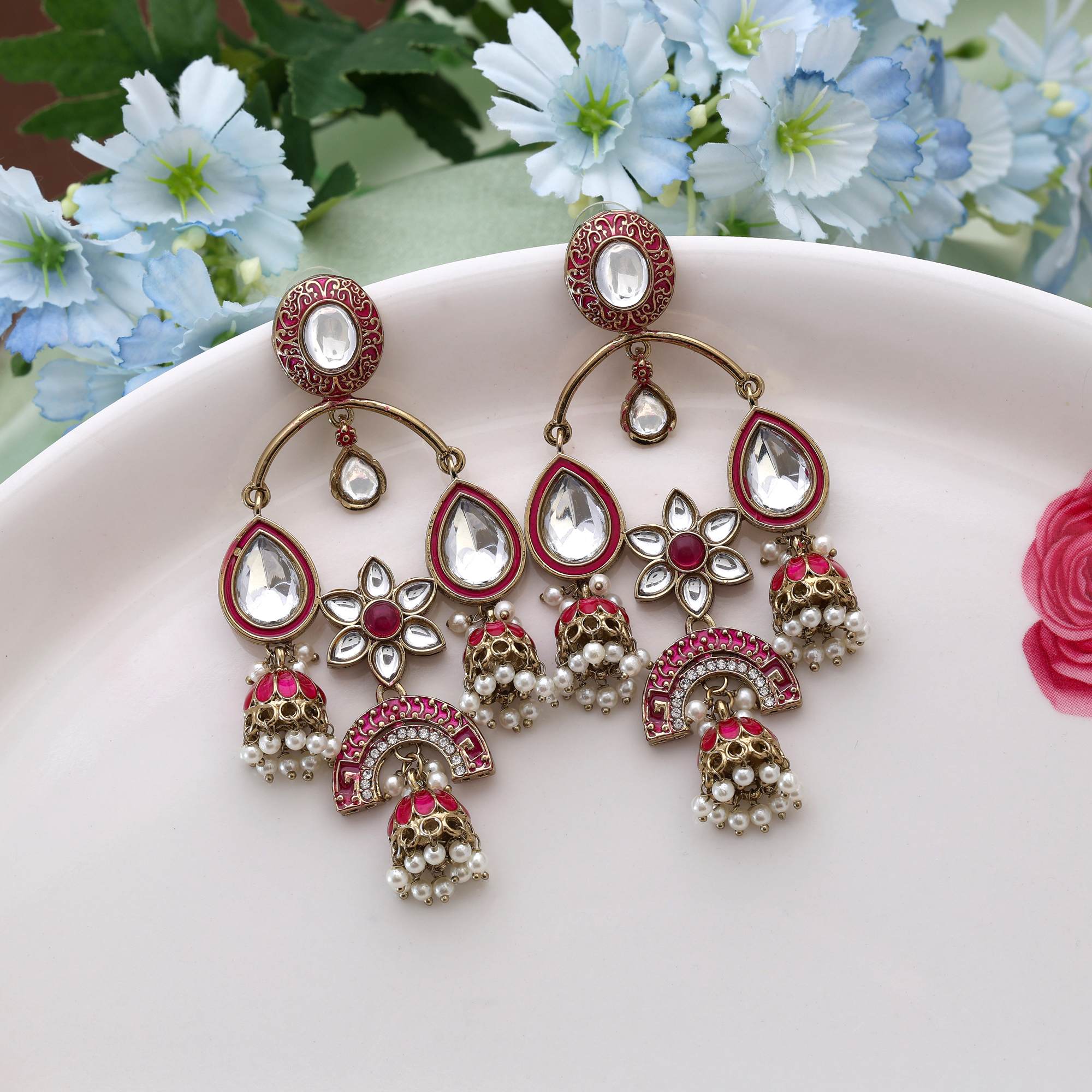 Rani Color Kundan Earrings Designed With Elegant Ethnic Craftwork For Wedding Wear Looks