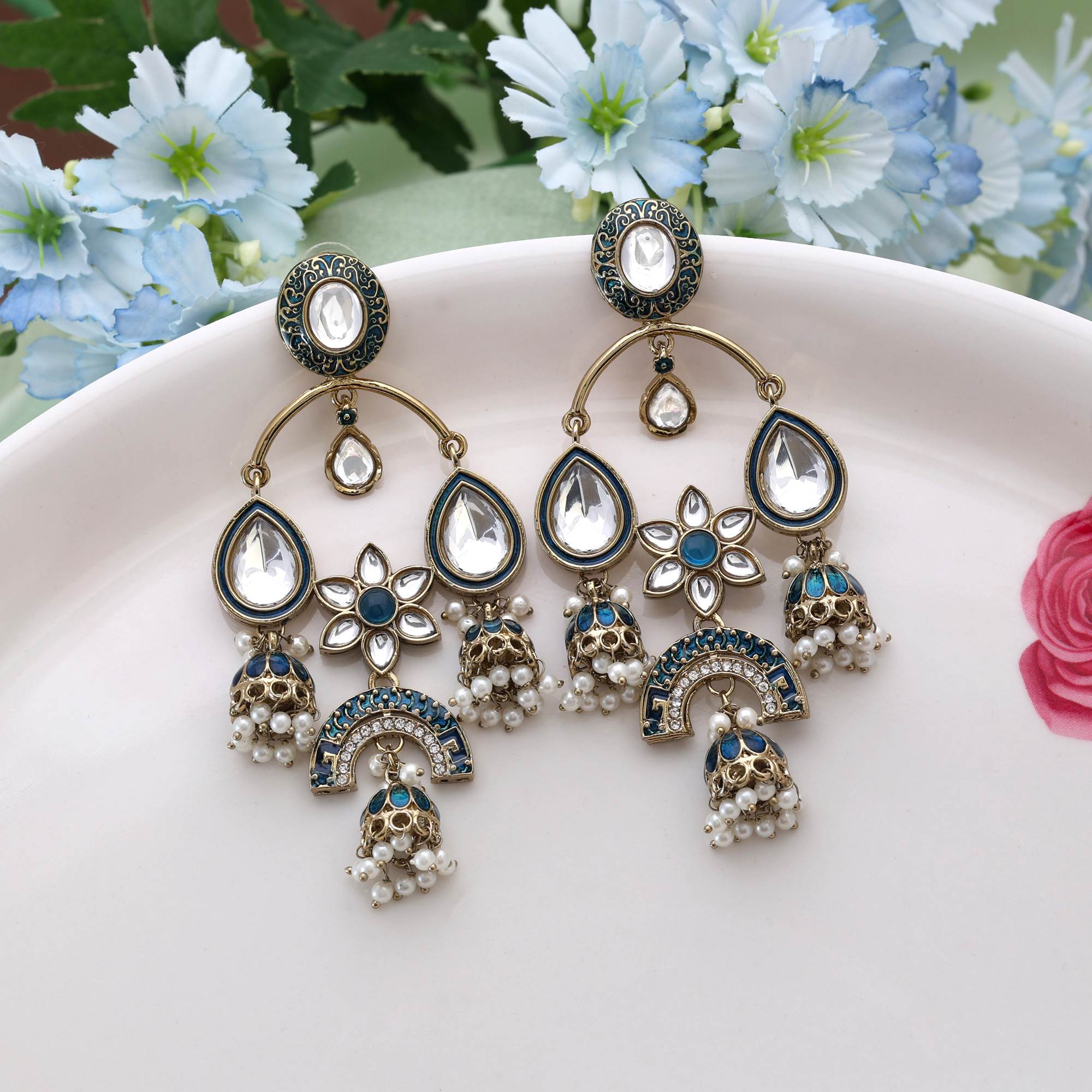 Turquoise Blue Color Kundan Earrings Featuring Unique Handcrafted Kundan Detailing With Bright Finish