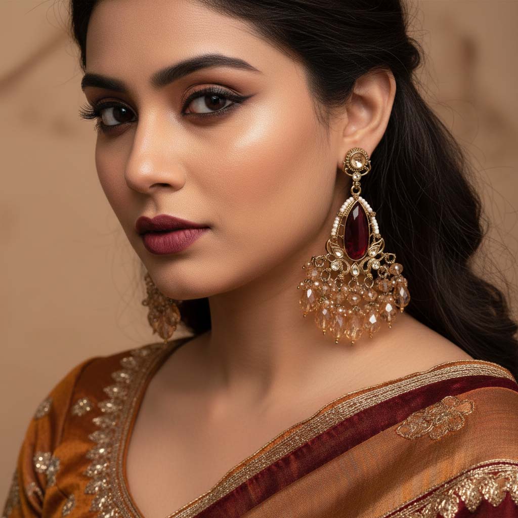 Maroon Color Kundan Earrings Featuring Traditional Handmade Design Perfect For Bridal Collections