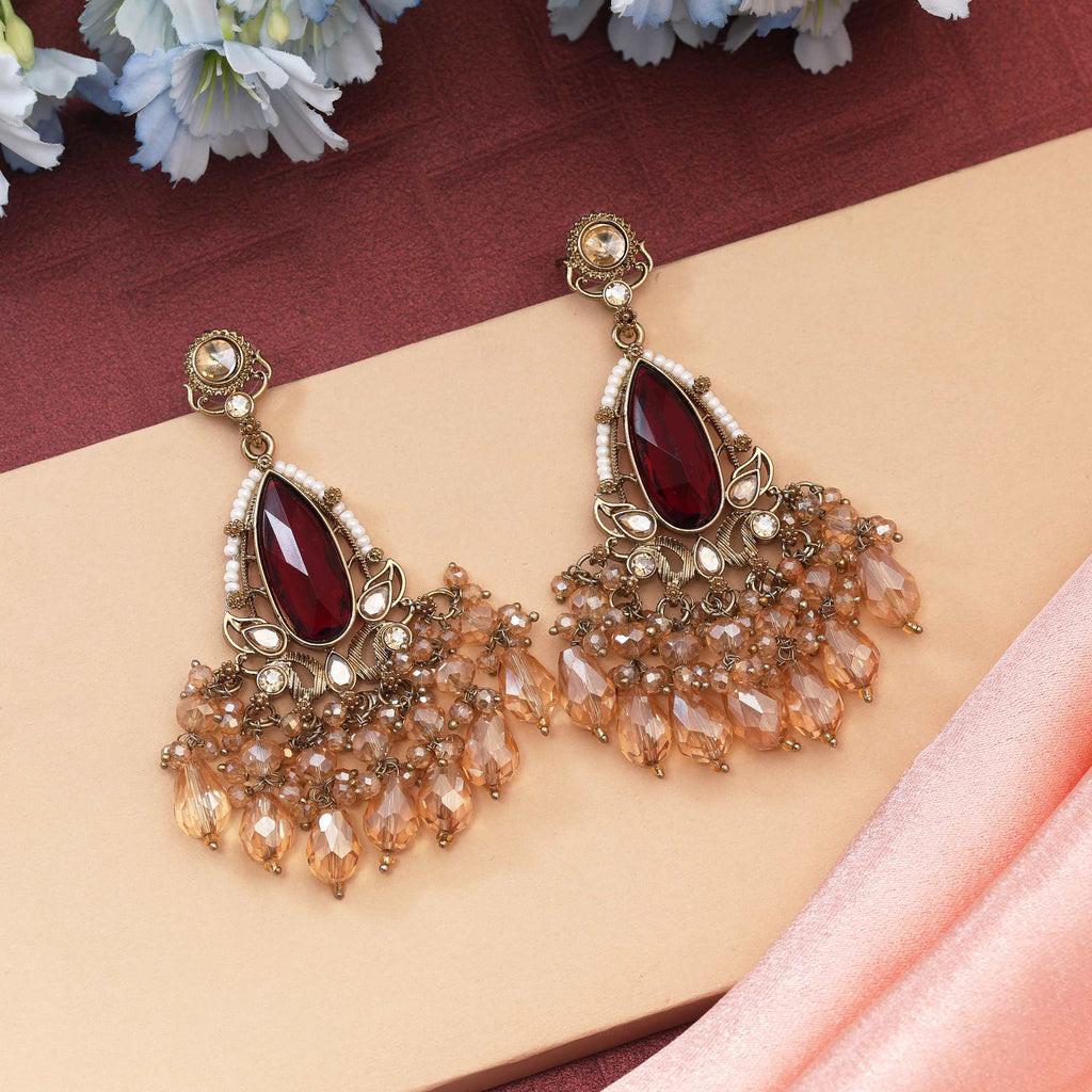 Maroon Color Kundan Earrings Featuring Traditional Handmade Design Perfect For Bridal Collections