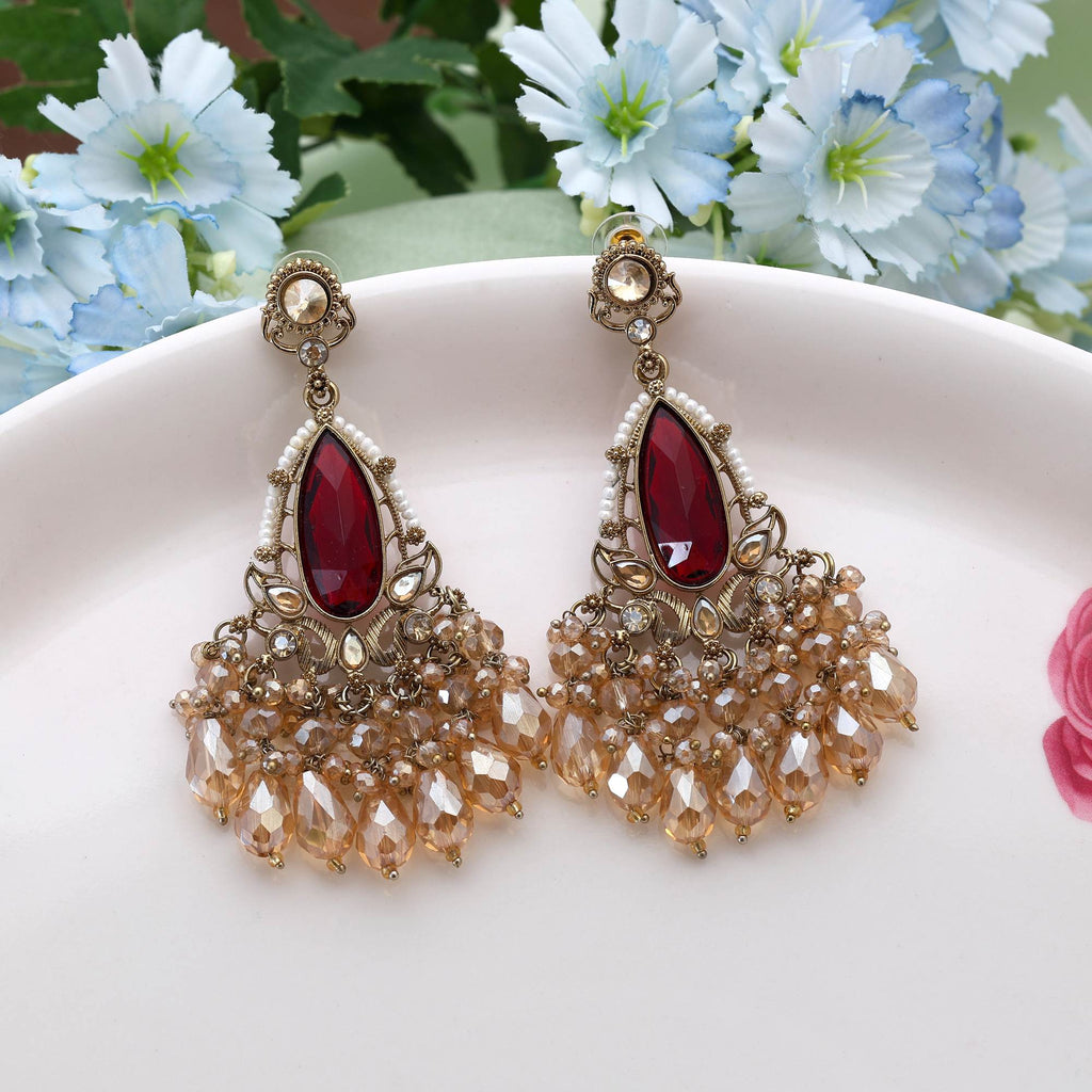 Maroon Color Kundan Earrings Featuring Traditional Handmade Design Perfect For Bridal Collections