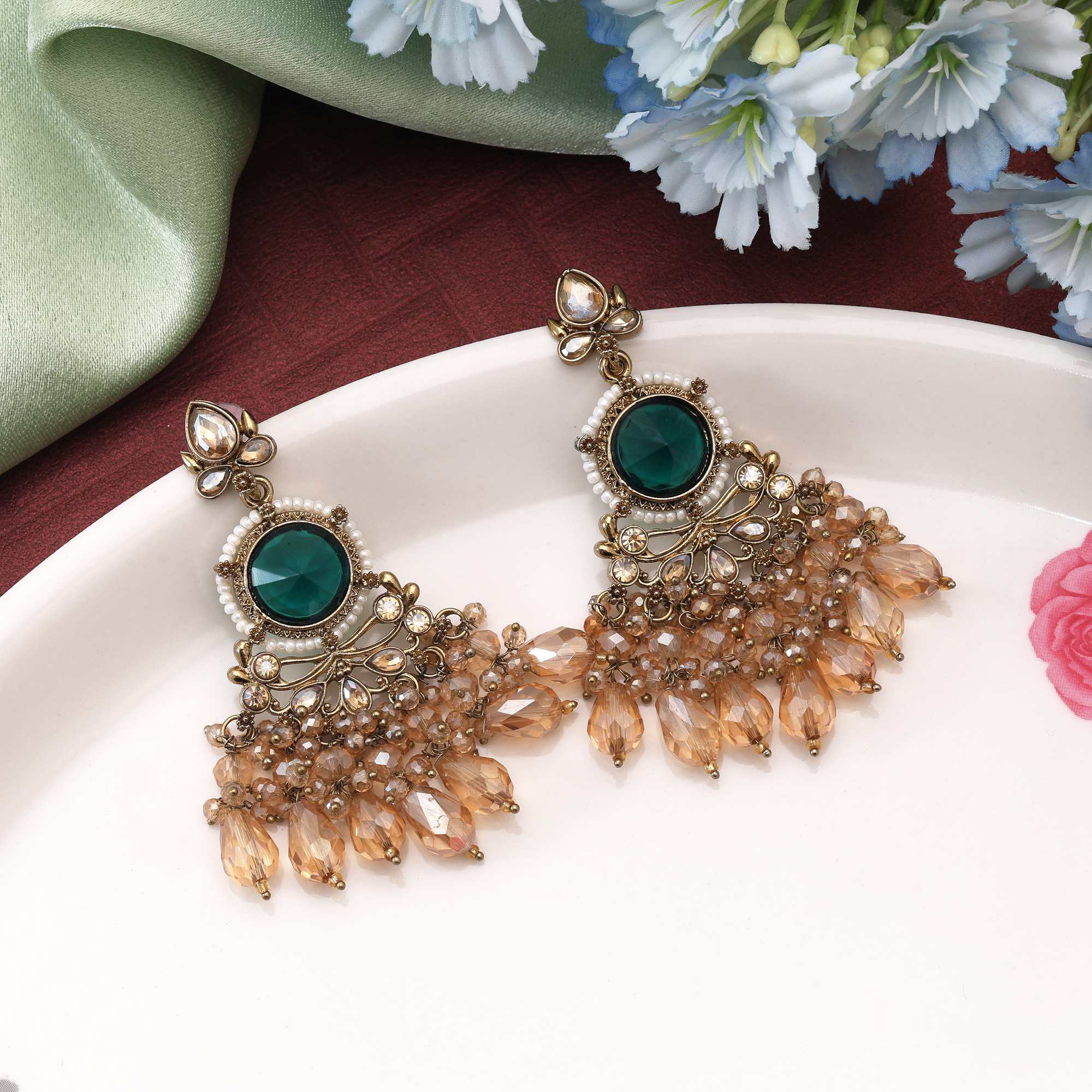 Green Color Kundan Earrings Featuring Premium Polished Kundan Stones For Wedding Looks