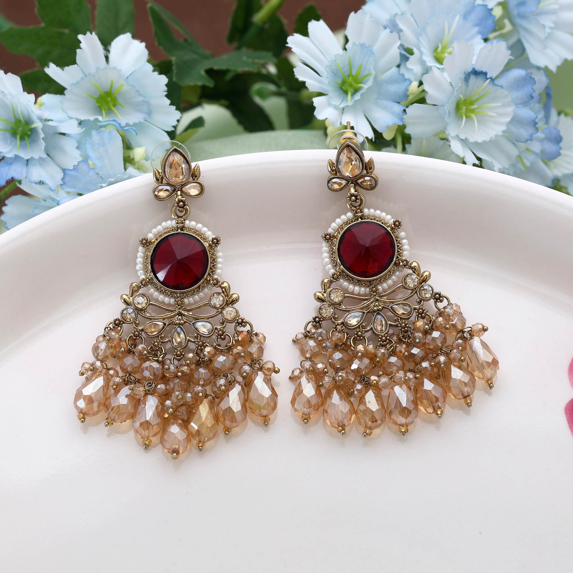 Maroon Color Kundan Earrings Designed With Classic Bridal Inspired Kundan Craftwork Style