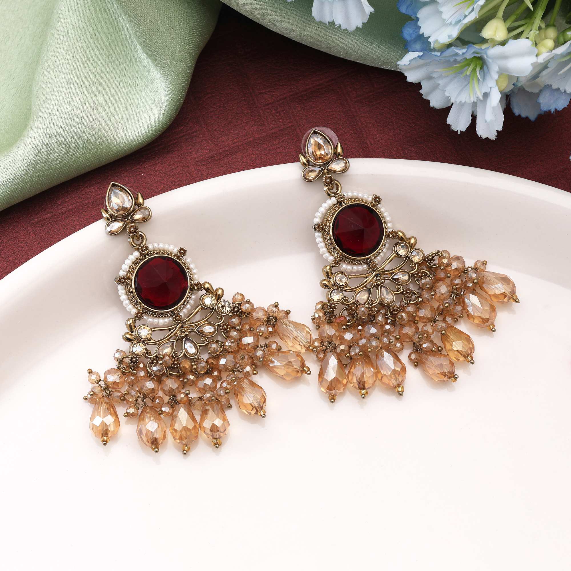 Maroon Color Kundan Earrings Designed With Classic Bridal Inspired Kundan Craftwork Style