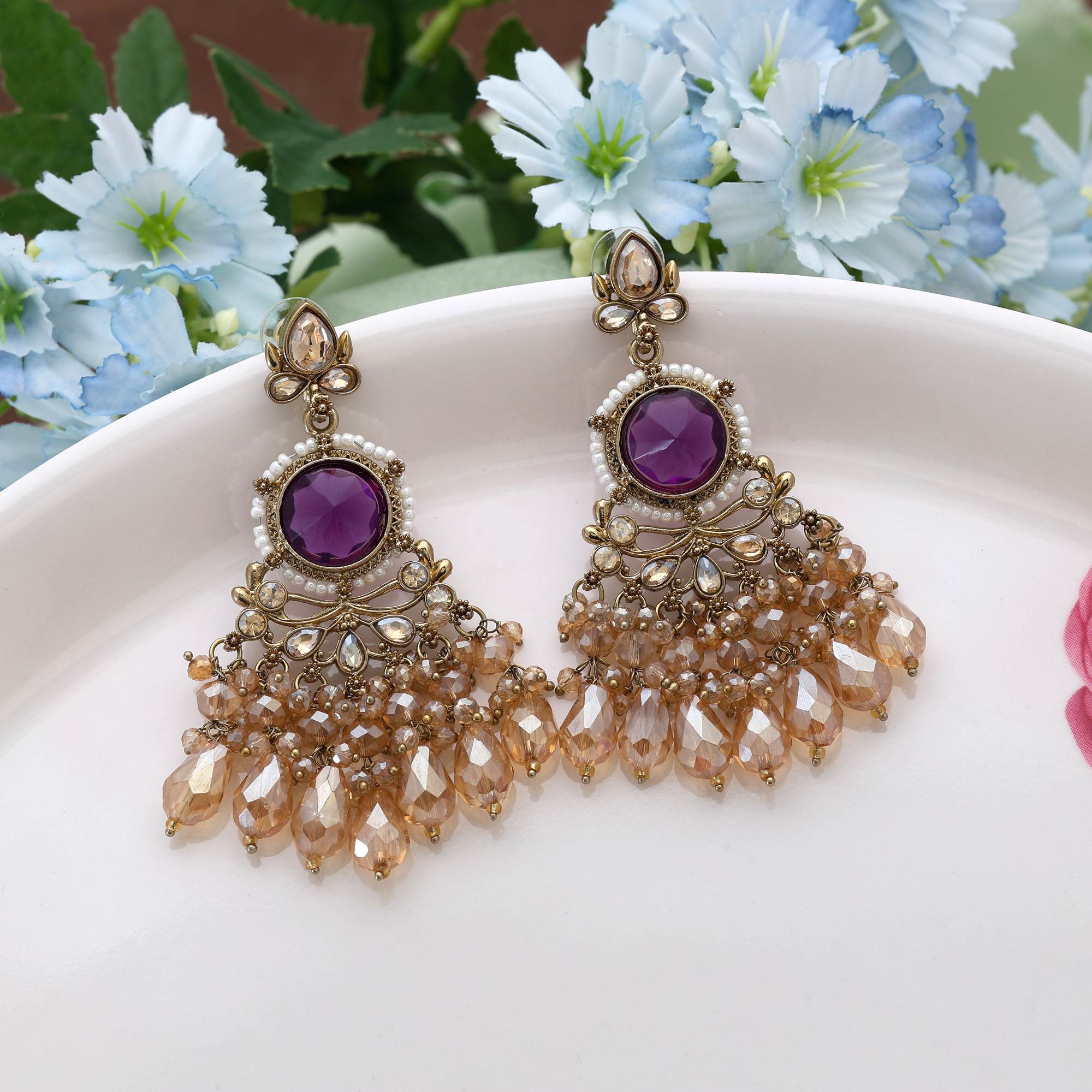 Purple Color Kundan Earrings Featuring Royal Ethnic Handmade Kundan Work For Festive Wear