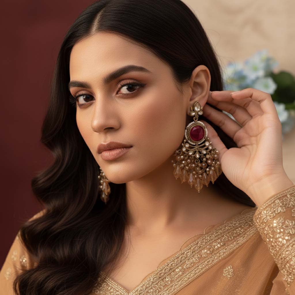 Rani Color Kundan Earrings Featuring Elegant Rich-Tone Stones For Weddings And Celebrations