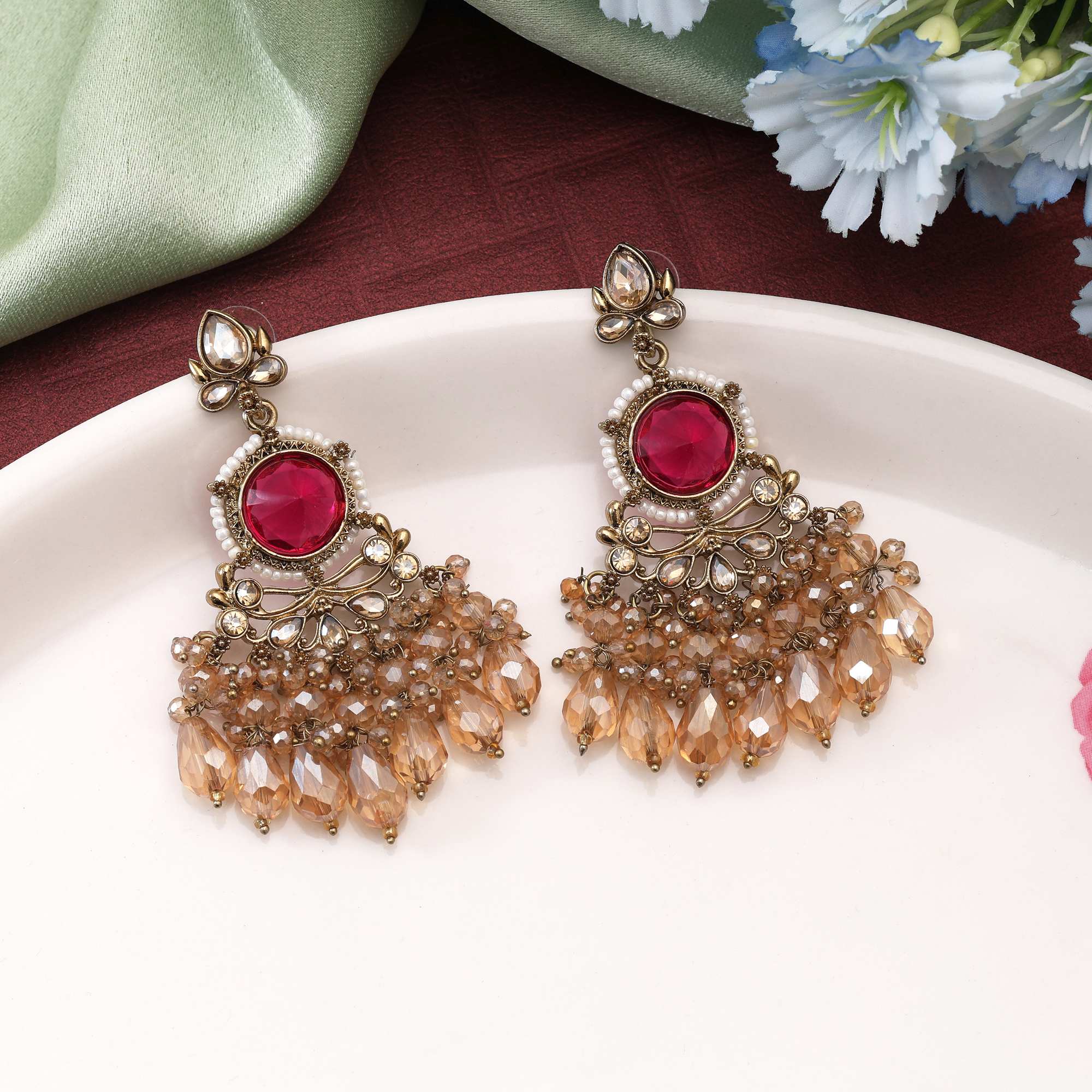Rani Color Kundan Earrings Featuring Elegant Rich-Tone Stones For Weddings And Celebrations