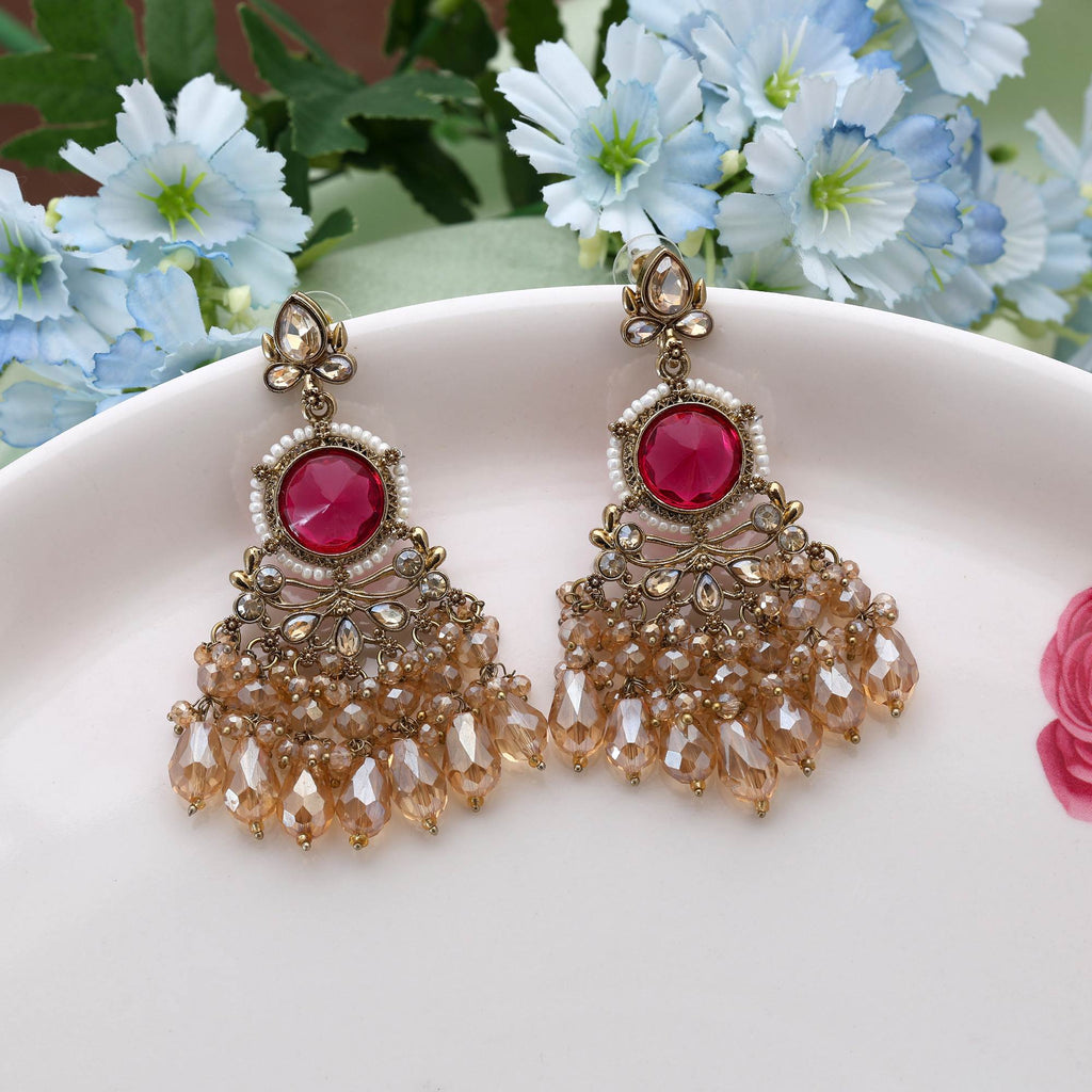 Rani Color Kundan Earrings Featuring Elegant Rich-Tone Stones For Weddings And Celebrations