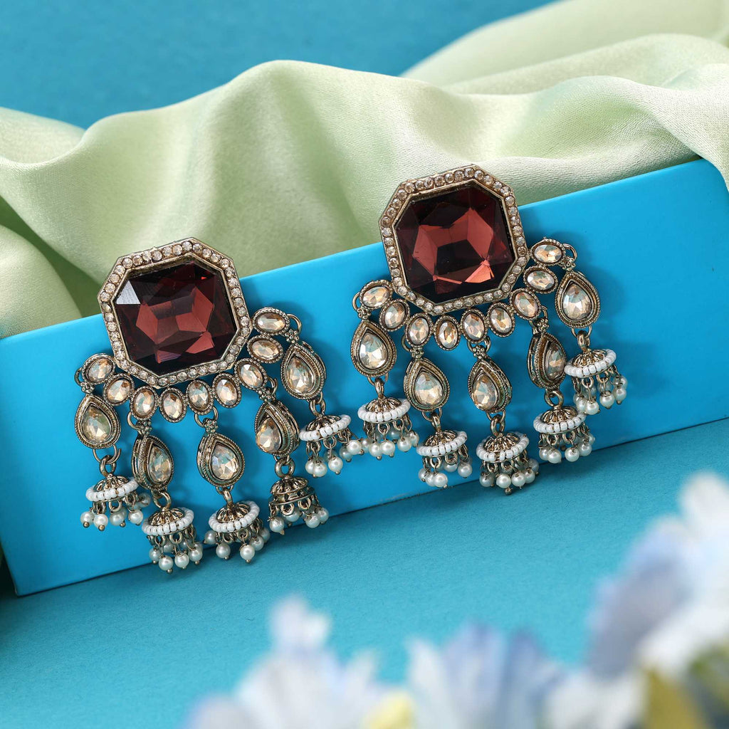 Brown Color Kundan Earrings Featuring Earthy Tone Ethnic Craftwork Perfect For Unique Styling