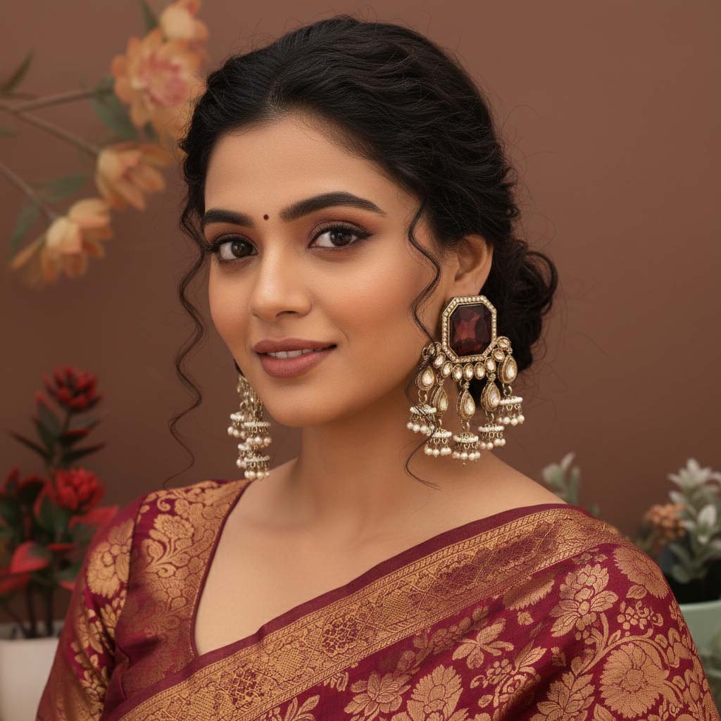 Brown Color Kundan Earrings Featuring Earthy Tone Ethnic Craftwork Perfect For Unique Styling