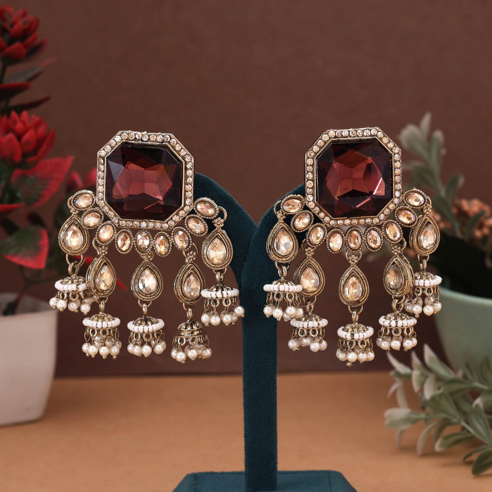Brown Color Kundan Earrings Featuring Earthy Tone Ethnic Craftwork Perfect For Unique Styling