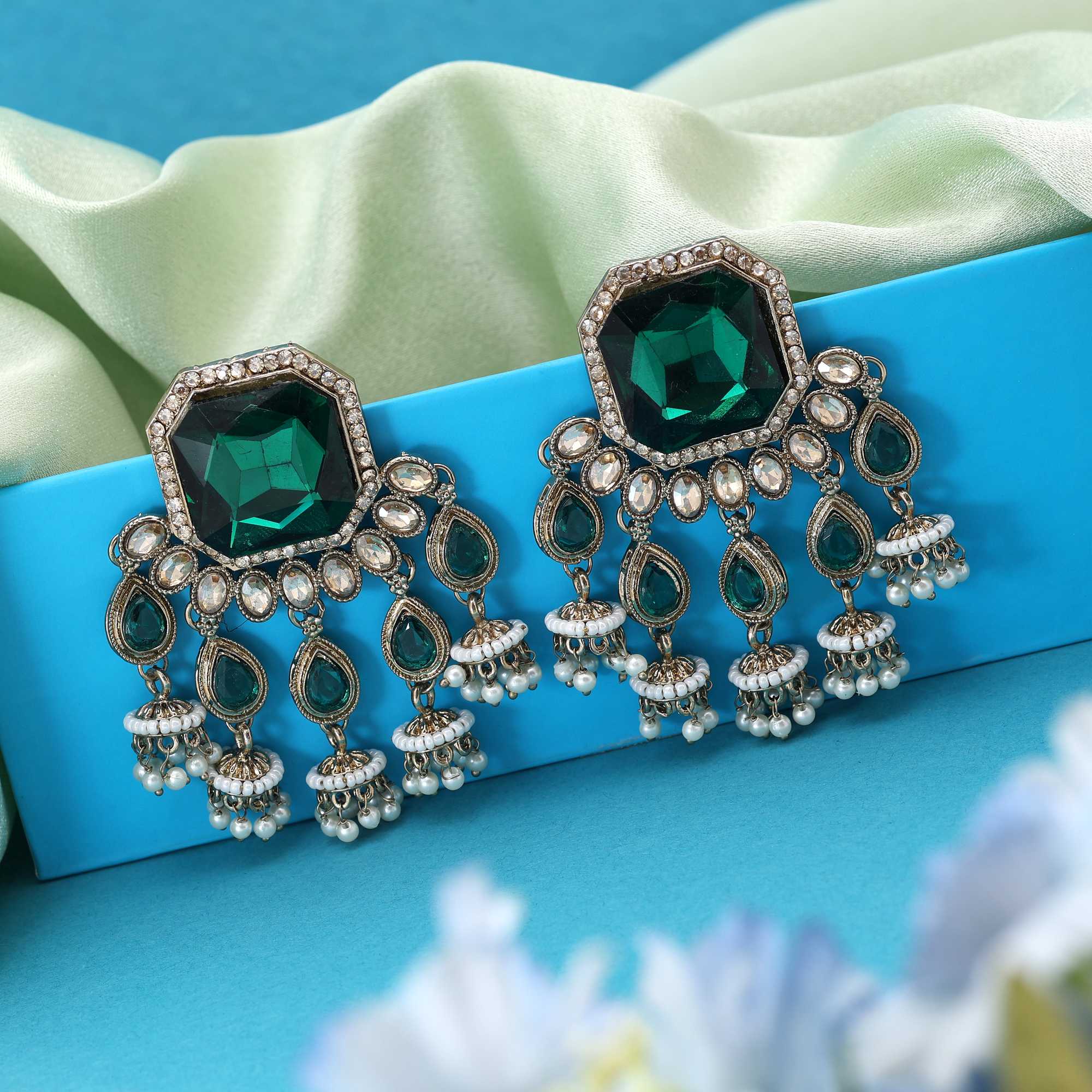 Green Color Kundan Earrings With Classical Handmade Kundan Stones For Cultural Celebrations