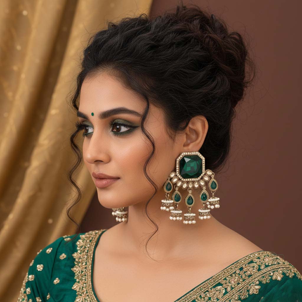 Green Color Kundan Earrings With Classical Handmade Kundan Stones For Cultural Celebrations