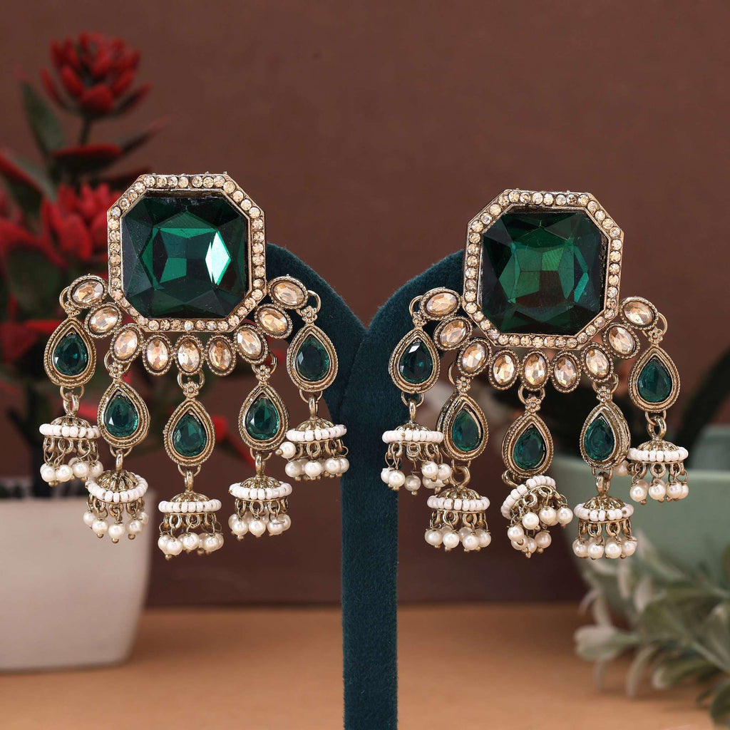 Green Color Kundan Earrings With Classical Handmade Kundan Stones For Cultural Celebrations