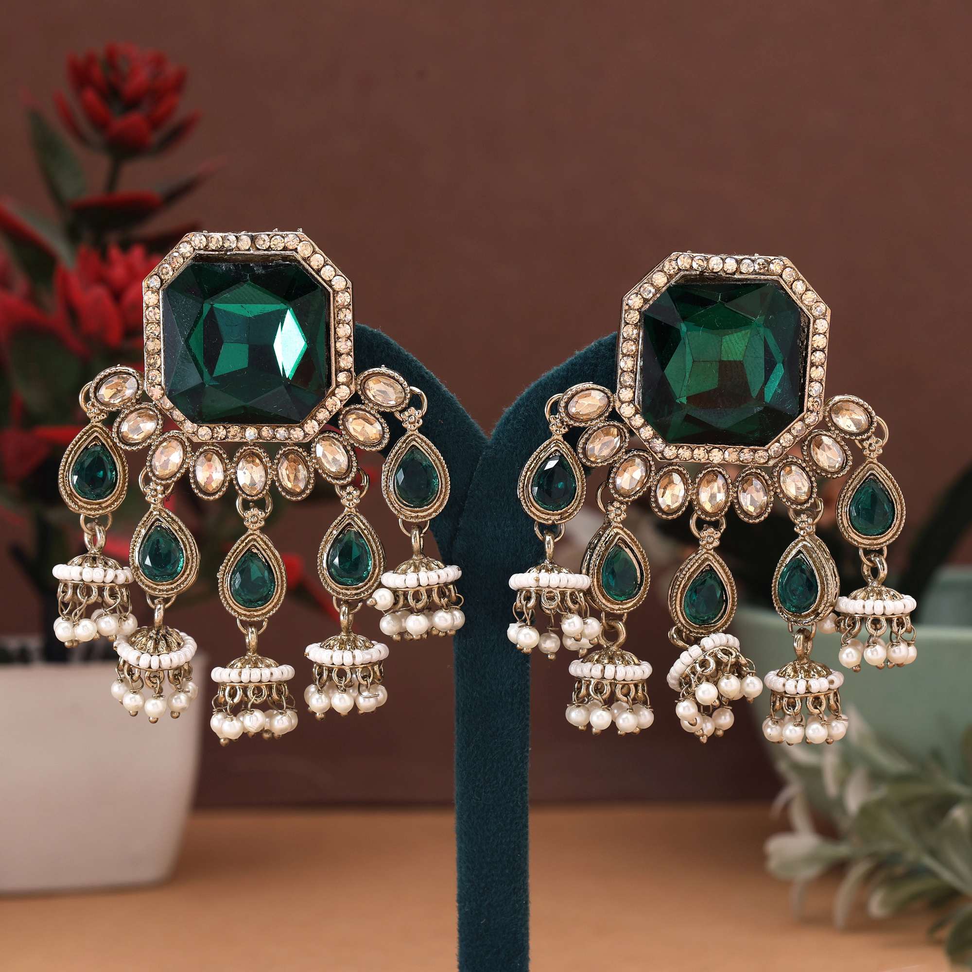 Green Color Kundan Earrings With Classical Handmade Kundan Stones For Cultural Celebrations