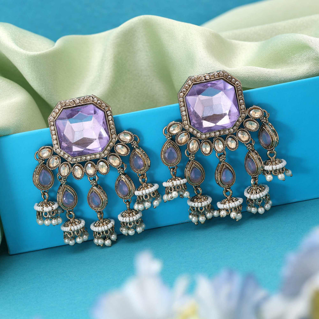 Light Purple Color Kundan Earrings Crafted With Graceful Pastel Handmade Kundan Art Details