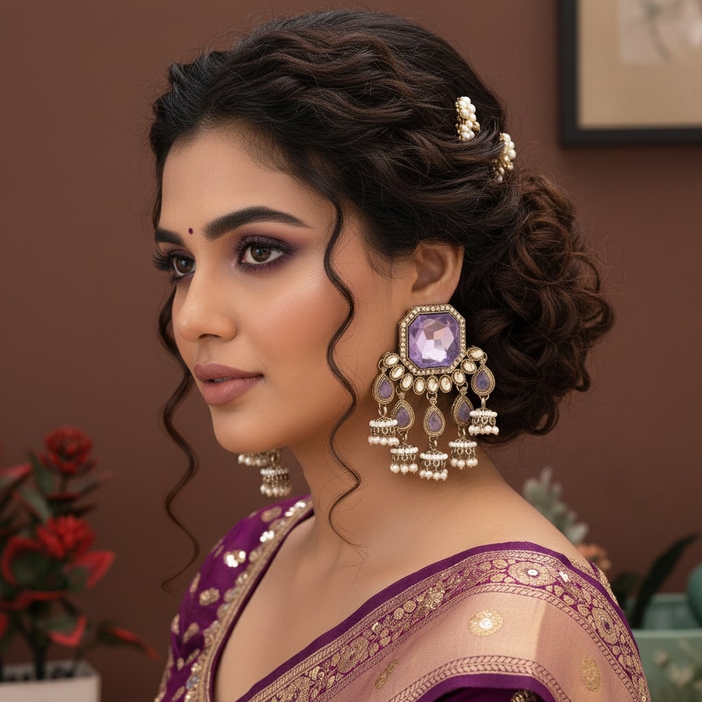 Light Purple Color Kundan Earrings Crafted With Graceful Pastel Handmade Kundan Art Details