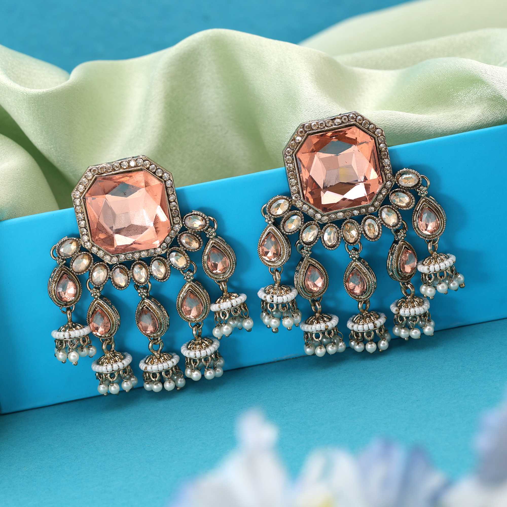 Peach Color Kundan Earrings Featuring Soft Pastel Traditional Kundan Style For Elegant Outfits