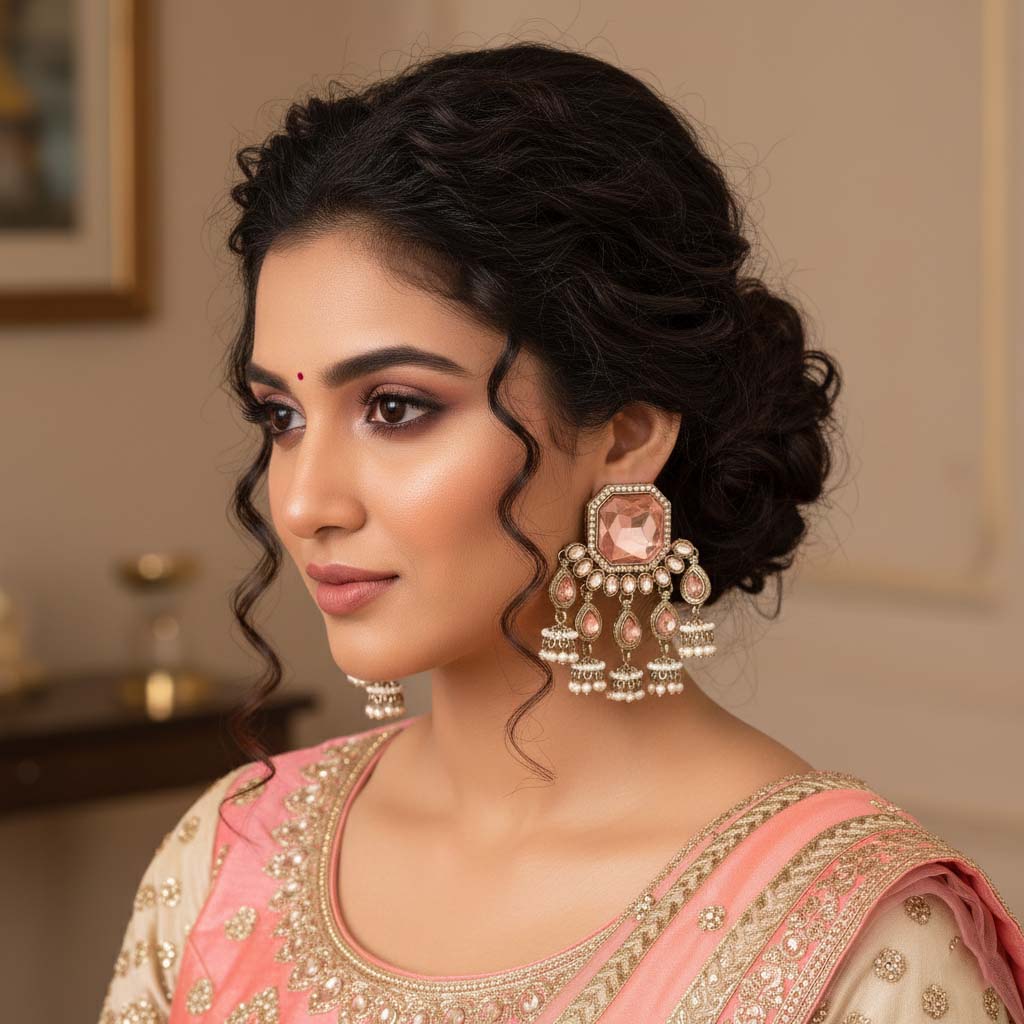 Peach Color Kundan Earrings Featuring Soft Pastel Traditional Kundan Style For Elegant Outfits