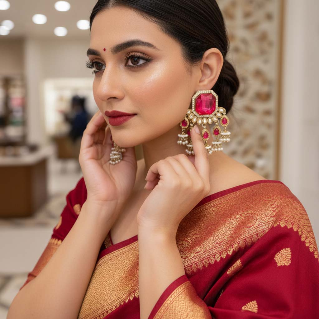 Rani Color Kundan Earrings Designed With Vibrant Ethnic Stones For Wedding And Party Wear