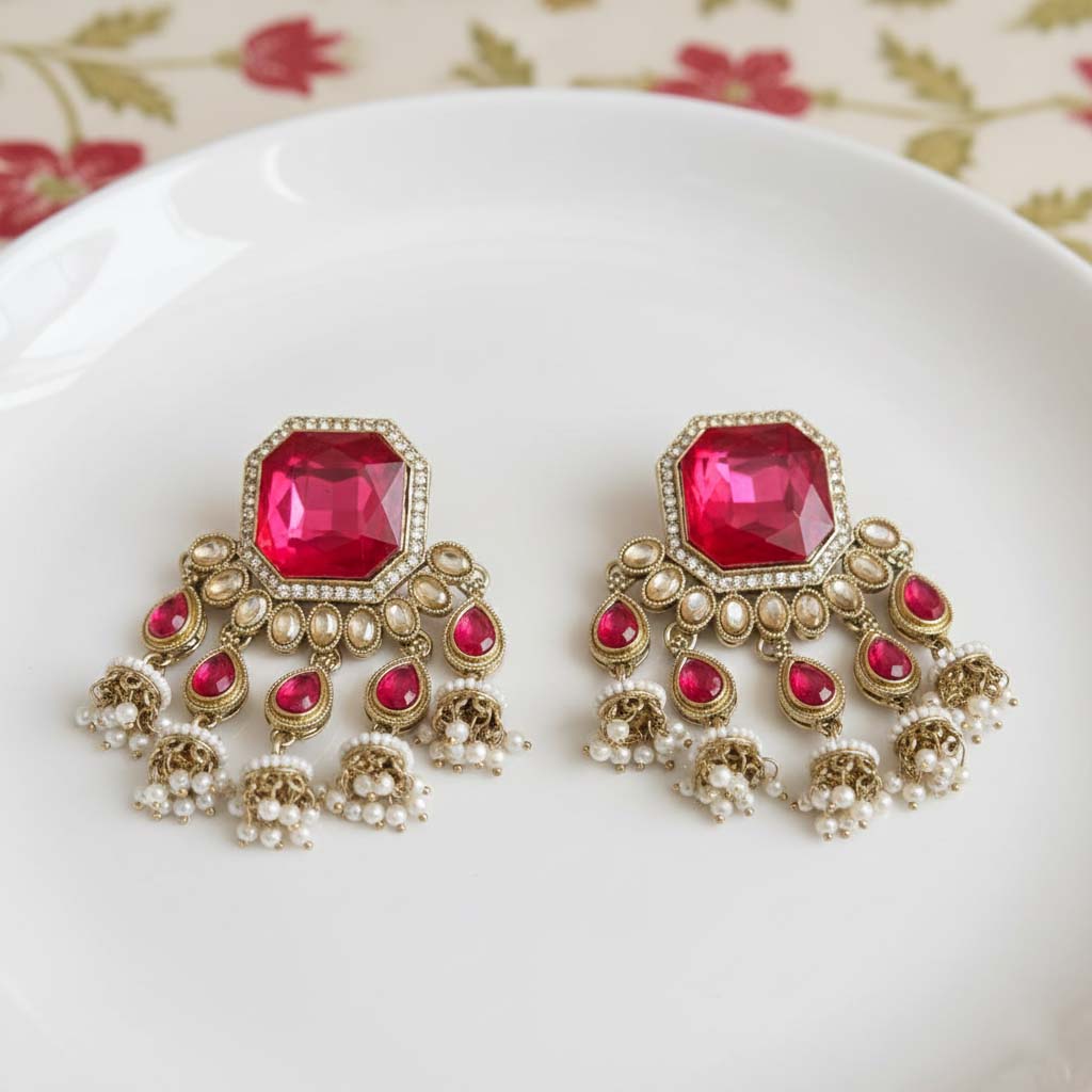Rani Color Kundan Earrings Designed With Vibrant Ethnic Stones For Wedding And Party Wear