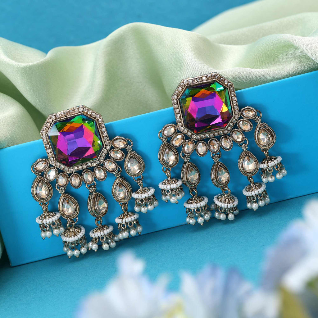Rainbow Color Kundan Earrings Featuring Multicolor Ethnic Stones For Festive And Casual Looks
