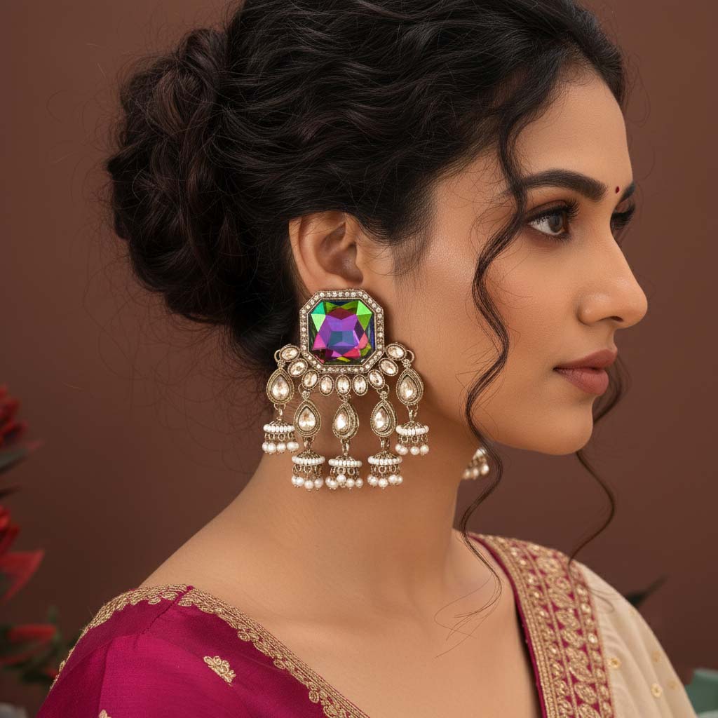 Rainbow Color Kundan Earrings Featuring Multicolor Ethnic Stones For Festive And Casual Looks
