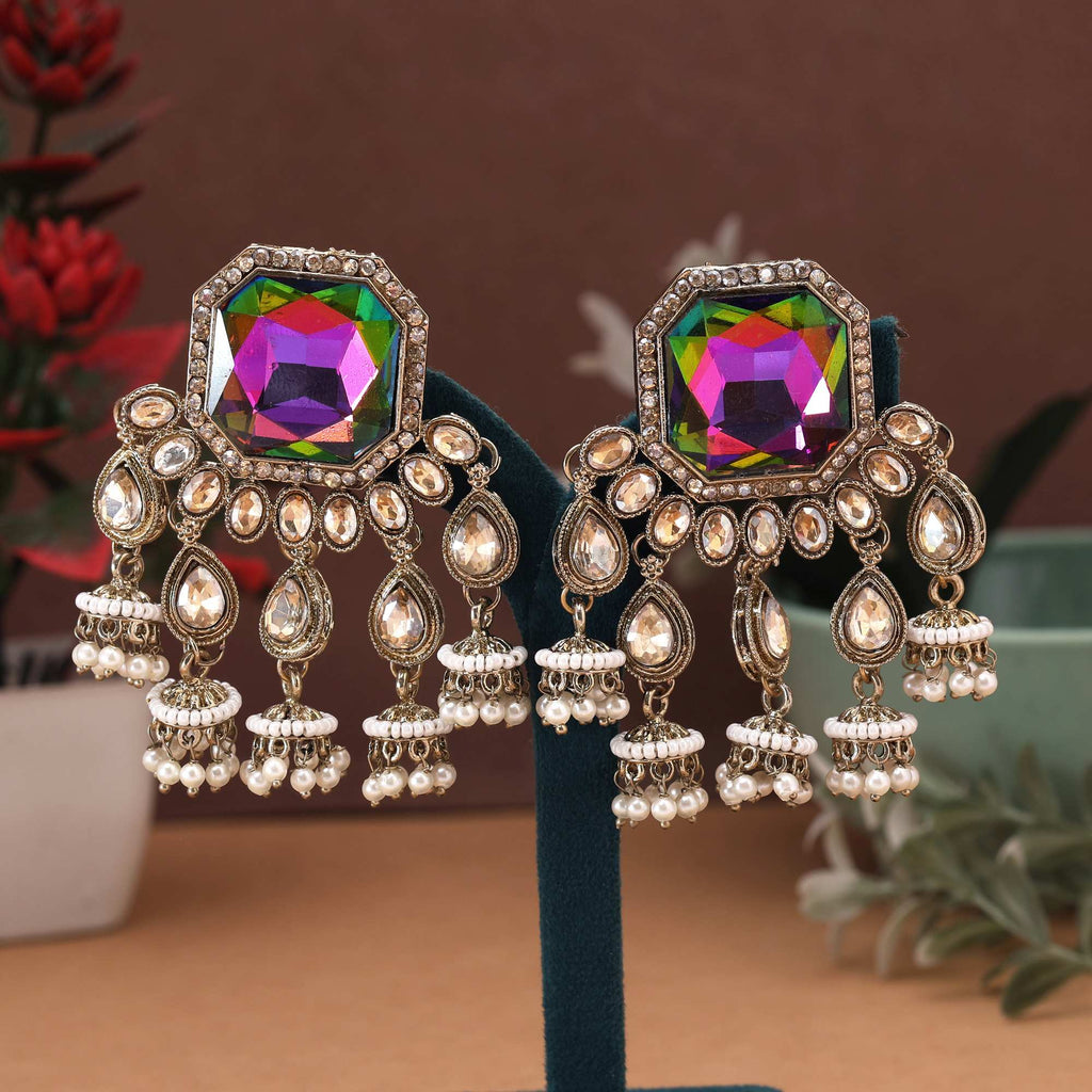Rainbow Color Kundan Earrings Featuring Multicolor Ethnic Stones For Festive And Casual Looks