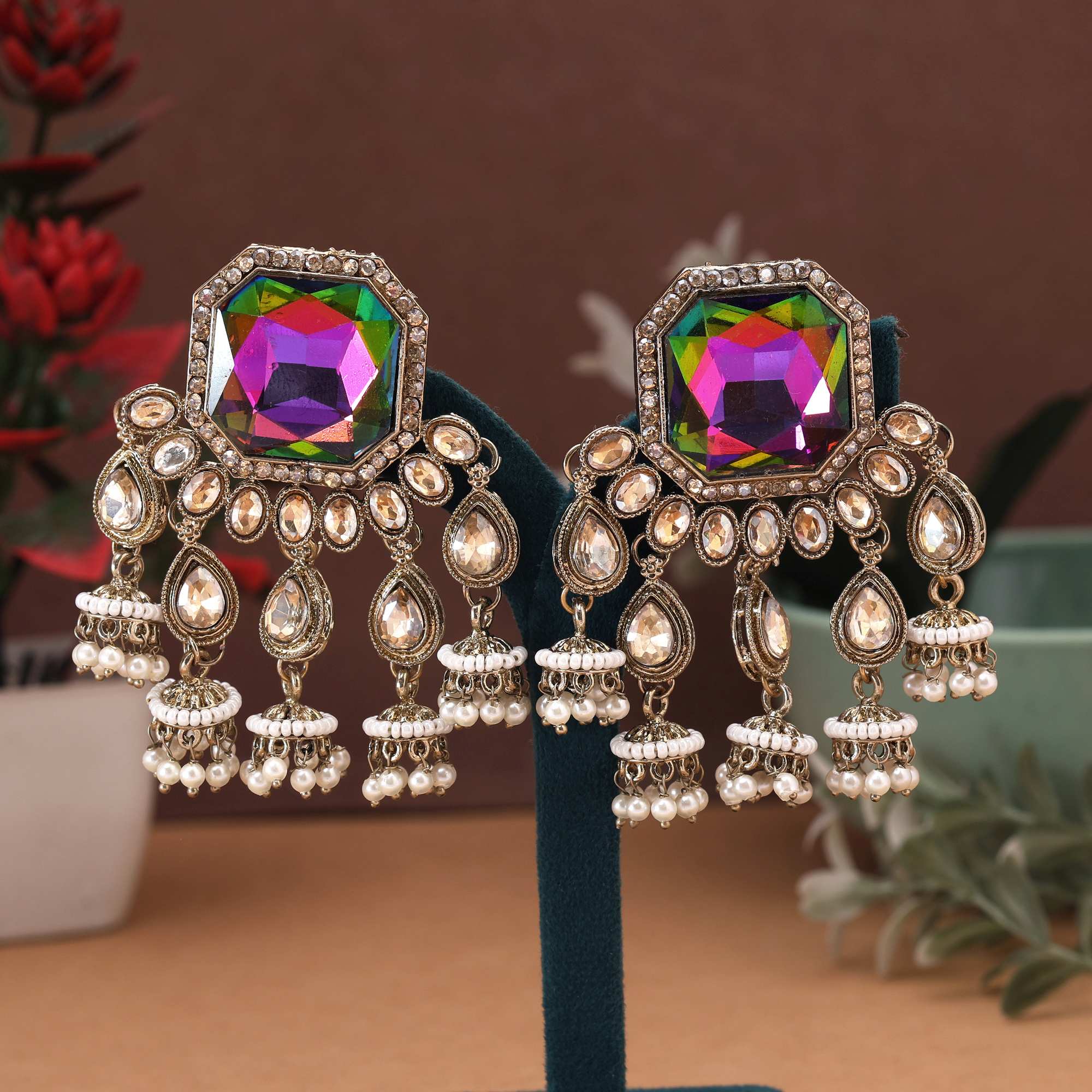 Rainbow Color Kundan Earrings Featuring Multicolor Ethnic Stones For Festive And Casual Looks