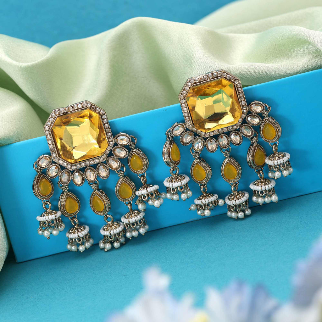 Yellow Color Kundan Earrings Featuring Bright Ethnic Stones For Haldi And Festive Occasions