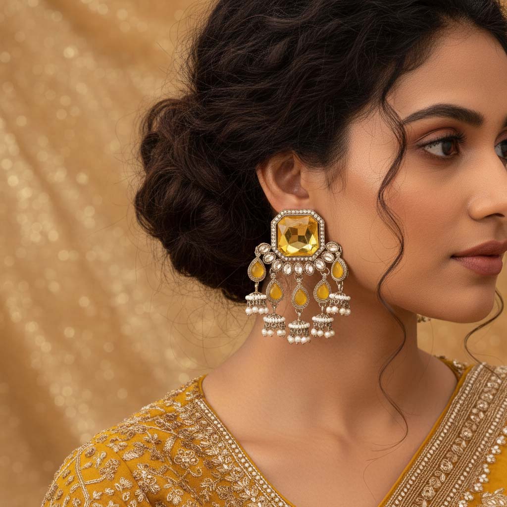 Yellow Color Kundan Earrings Featuring Bright Ethnic Stones For Haldi And Festive Occasions