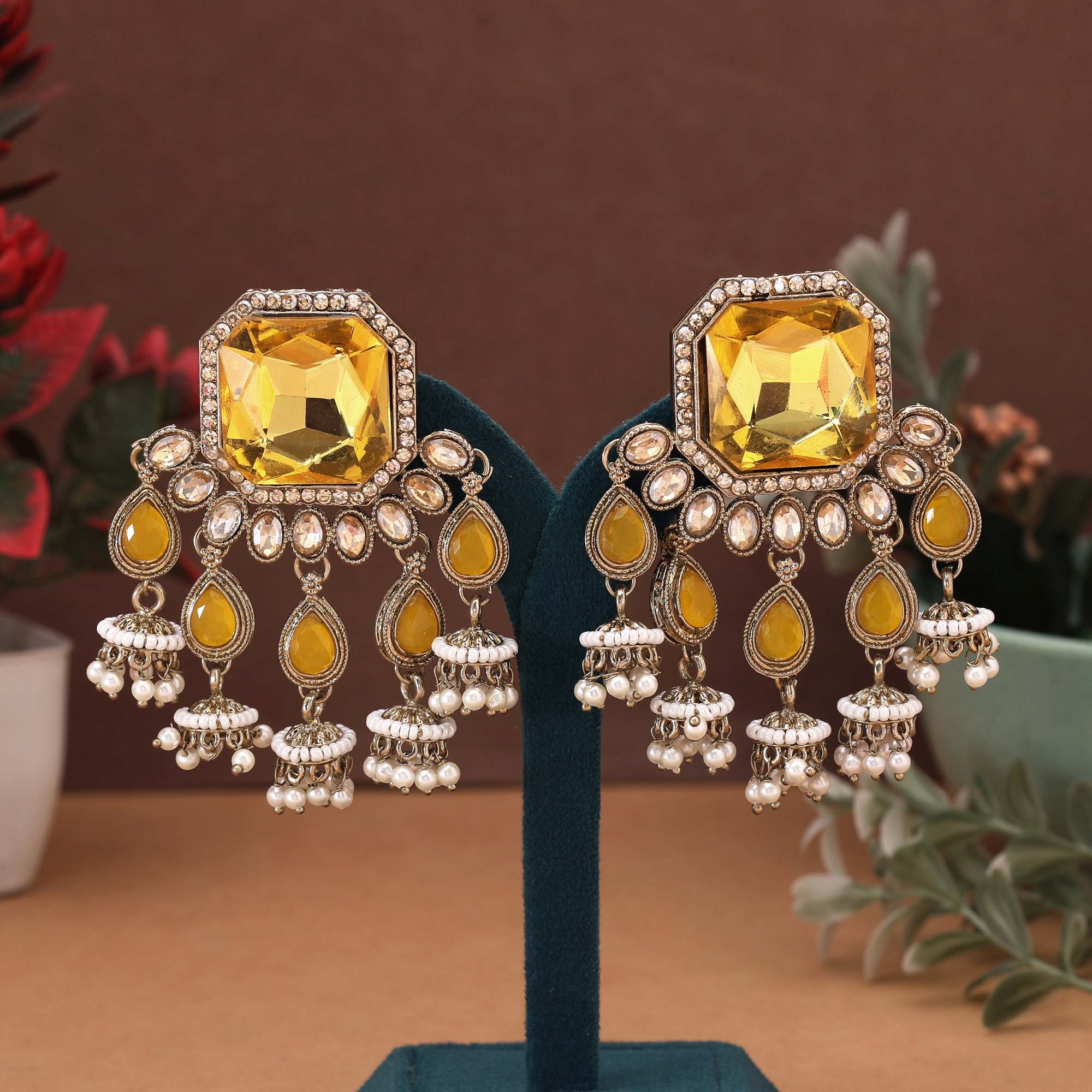 Yellow Color Kundan Earrings Featuring Bright Ethnic Stones For Haldi And Festive Occasions