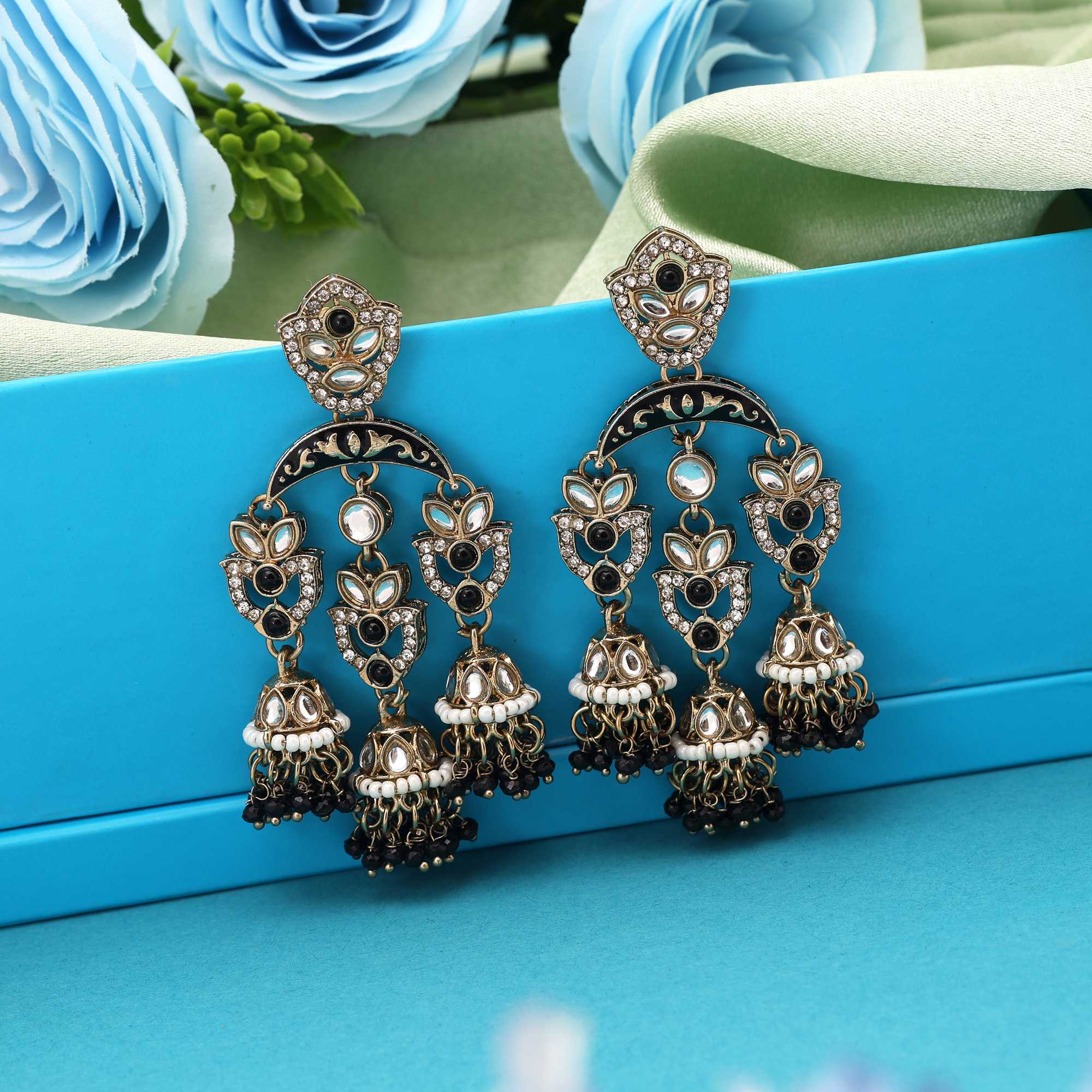 Black Color Kundan Earrings Designed With Unique Dark-Toned Kundan Stones For Stylish Outfits