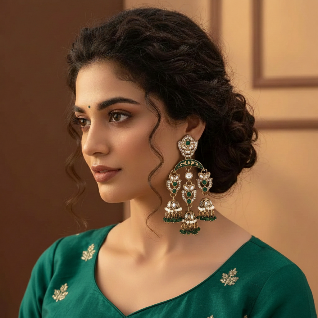Green Color Kundan Earrings Featuring Classic Polished Details For Traditional Function Outfits